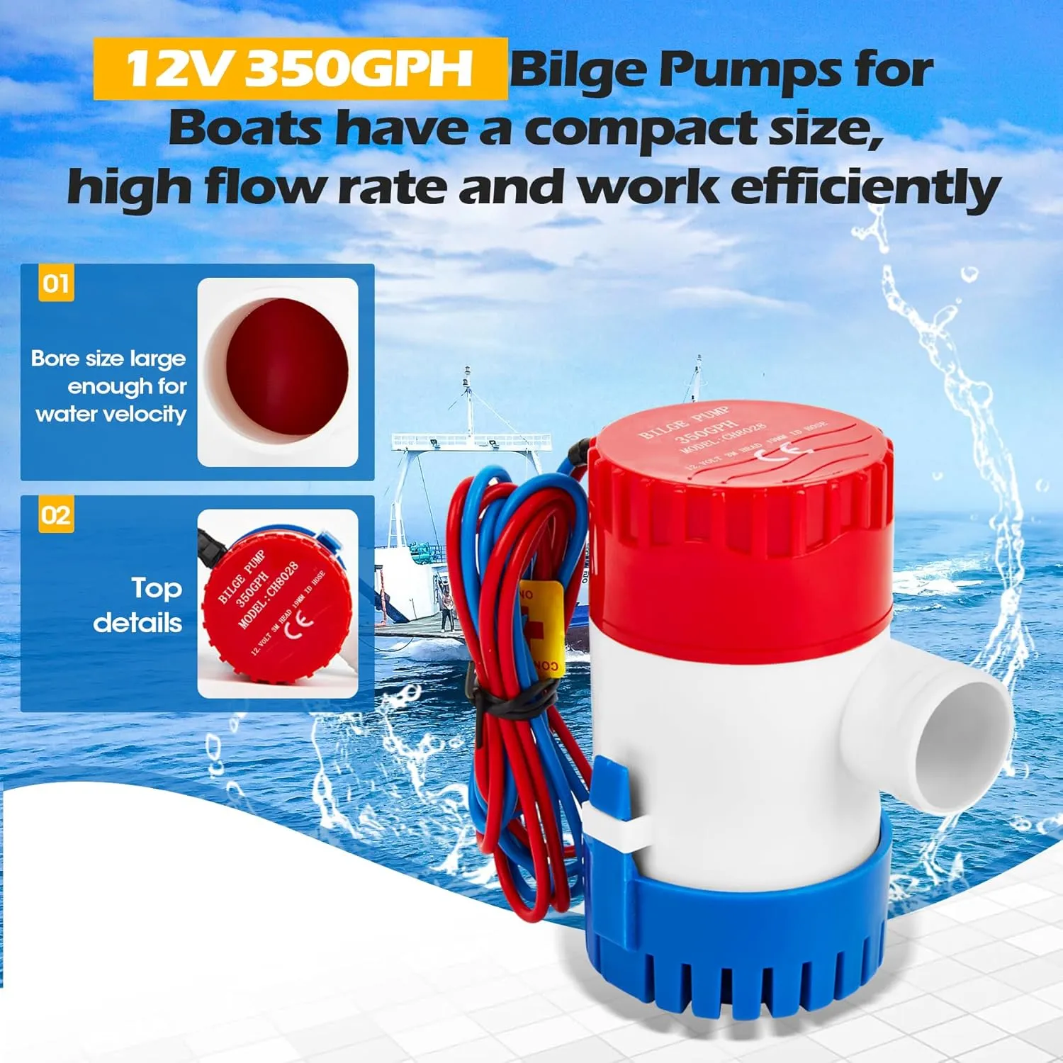 Non-automatic 12V 350 GPH Bilge Pumps, Bilge Pump Kit with 6 Feet/1.8 Meters Bilge Pump Hose, 2 Pcs Stainless Steel Clamps and Thru Hull Fitting, Suitable for Speedboats,Yachts