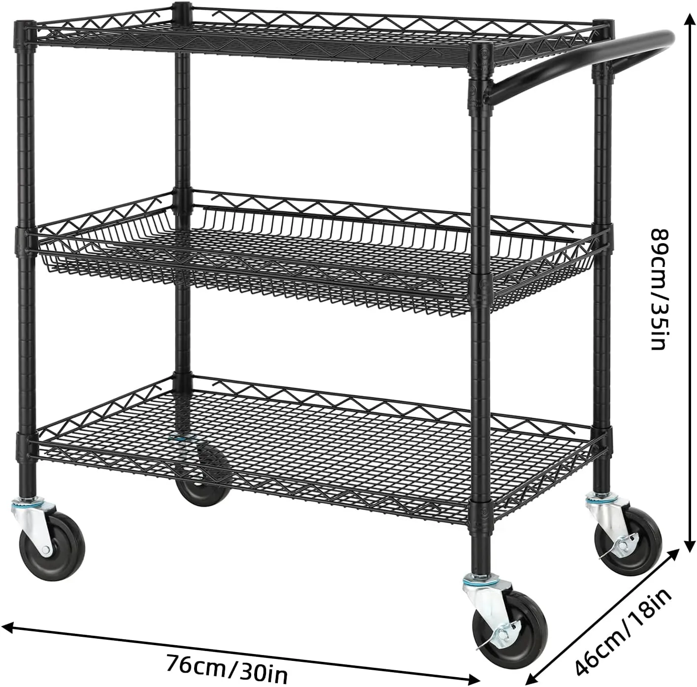 NSF Heavy Duty Wire Utility Cart with Wheels, for Kitchen, Bathroom, Bedroom, Office, Living Room, Commercial Industrial carts, Silver (30X18-light/BLACK)