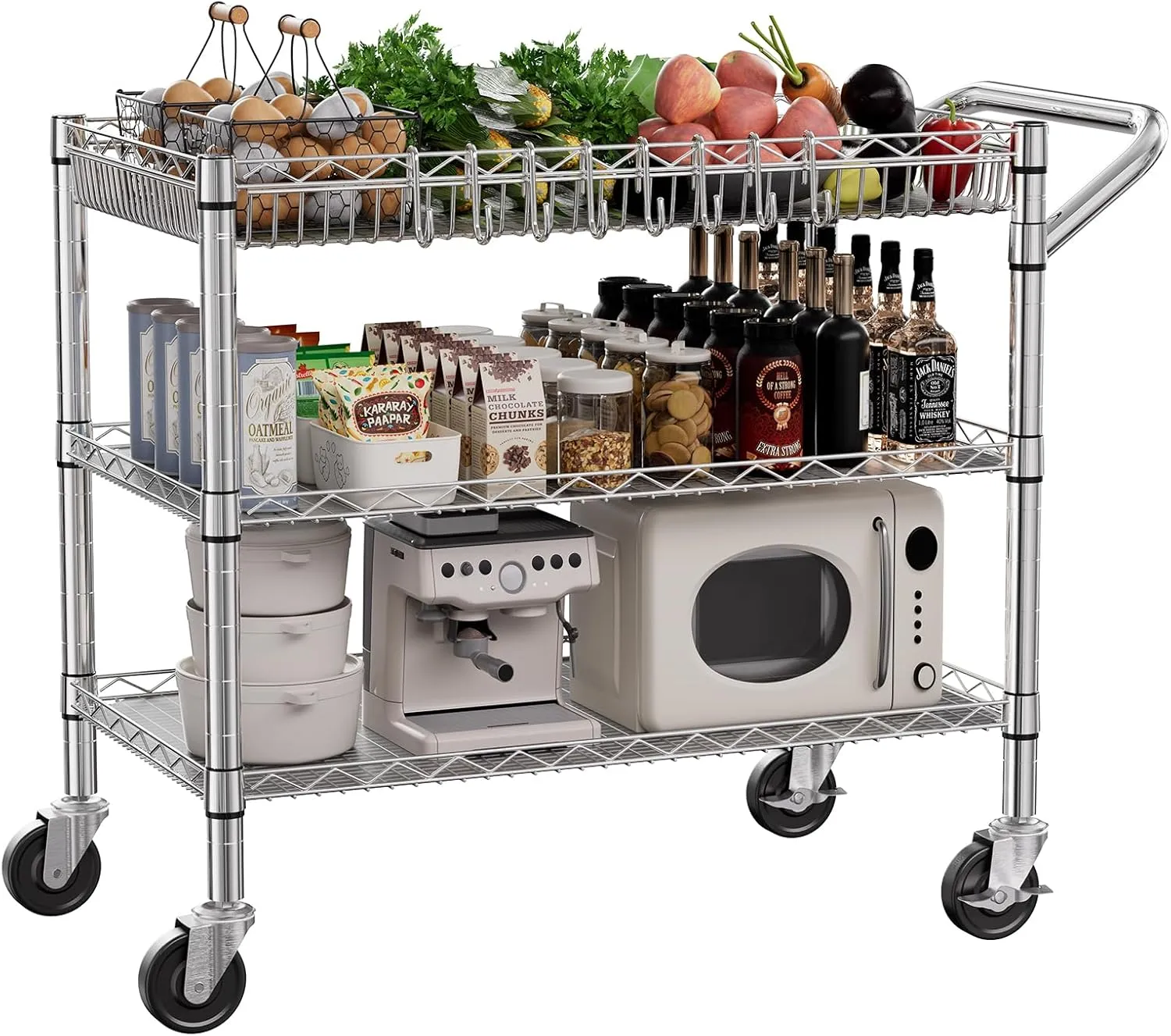 NTE Utility Cart with Wheels, 990lbs Capacity Metal 3 Tier Rolling Carts, NSF Kitchen Carts On Wheels with Storage, Heavy Duty Utility Cart with Handle & Wire Shelf for Indoor & Outdoor Use, Silver