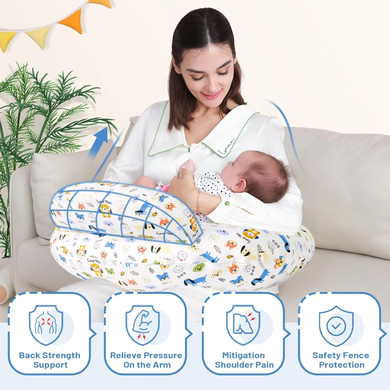 Nursing Pillow for Bottle and Breastfeeding, Ergonomic Design Support for Mom and Baby, Removable Cotton Cover, Machine Washable, Creamy White
