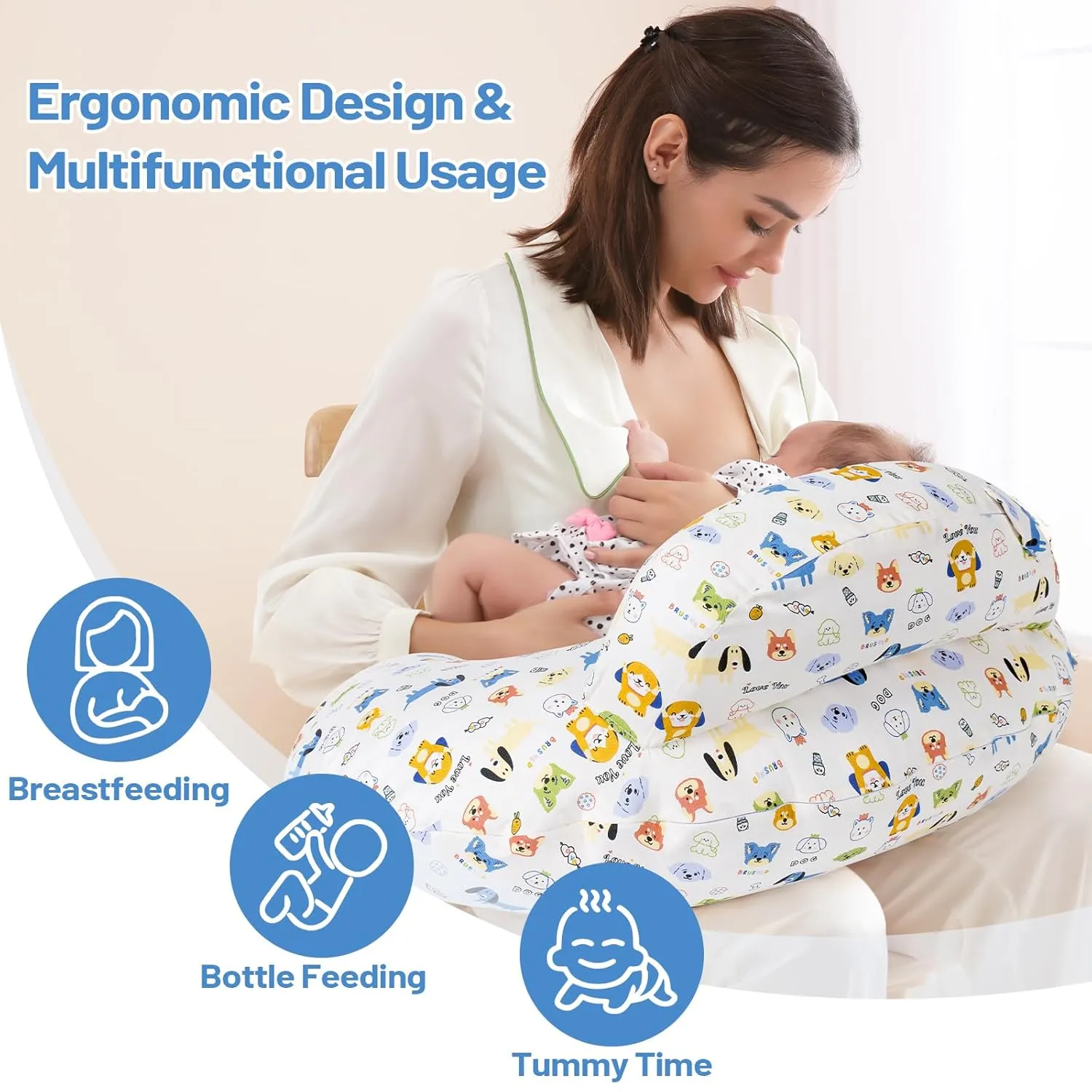 Nursing Pillow for Bottle and Breastfeeding, Ergonomic Design Support for Mom and Baby, Removable Cotton Cover, Machine Washable, Creamy White