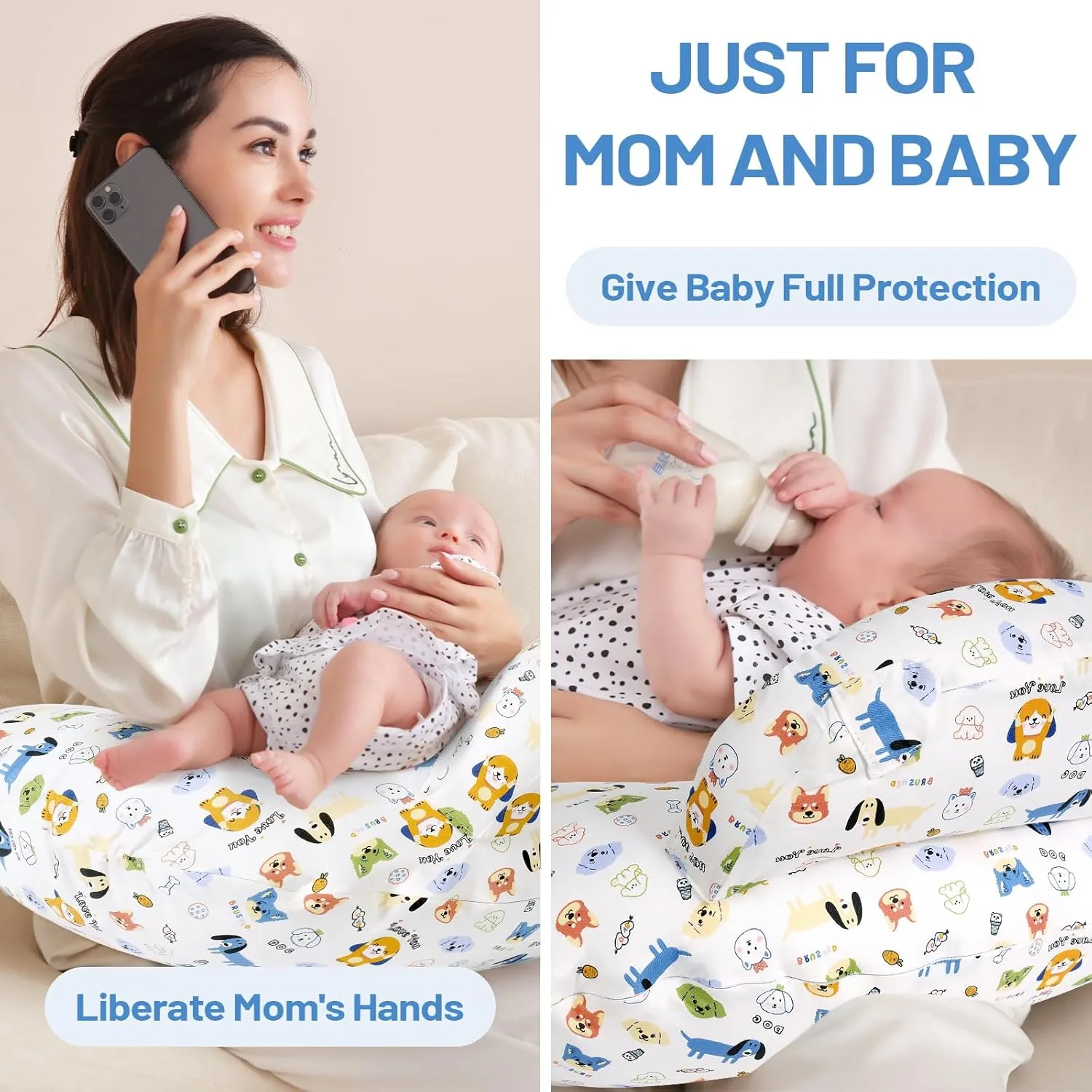 Nursing Pillow for Bottle and Breastfeeding, Ergonomic Design Support for Mom and Baby, Removable Cotton Cover, Machine Washable, Creamy White