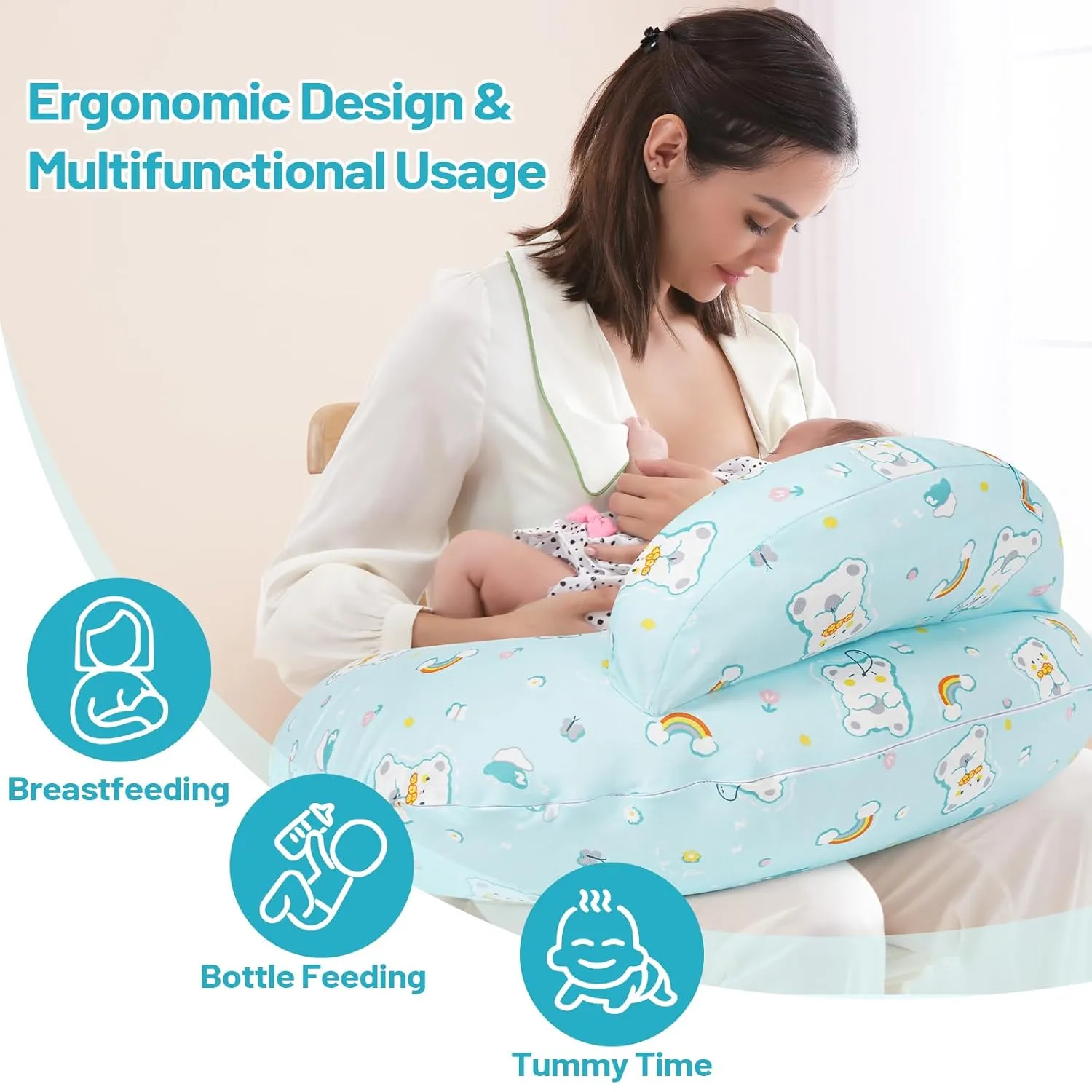 Nursing Pillow, Plus Size Ergonomic Design, Breastfeeding Pillows Support for Mom and Baby, Removable Cotton Cover, Machine Washable, Cambridge Blue