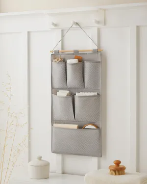 Ocean Home Textile Wall Hanging Organizer With 6 Pockets, Herringbone Pattern, Grey
