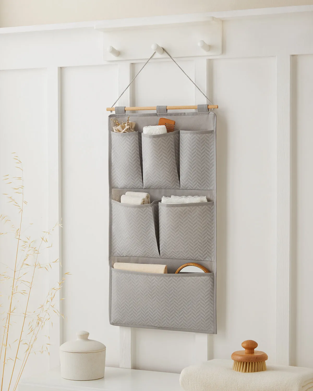 Ocean Home Textile Wall Hanging Organizer With 6 Pockets, Herringbone Pattern, Grey