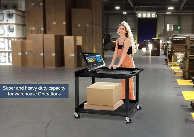 Offex 32 x 18 inches Mobile Multipurpose Utility Tub Cart with 2 Shelves and Push Handle - Black, Great for Warehouse, Garage and More