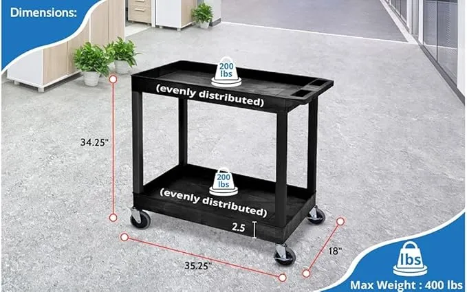 Offex 32 x 18 inches Mobile Multipurpose Utility Tub Cart with 2 Shelves and Push Handle - Black, Great for Warehouse, Garage and More