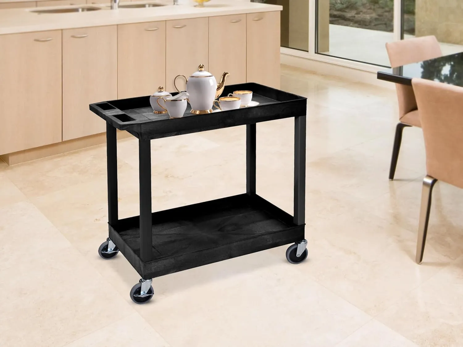 Offex 32 x 18 inches Mobile Multipurpose Utility Tub Cart with 2 Shelves and Push Handle - Black, Great for Warehouse, Garage and More