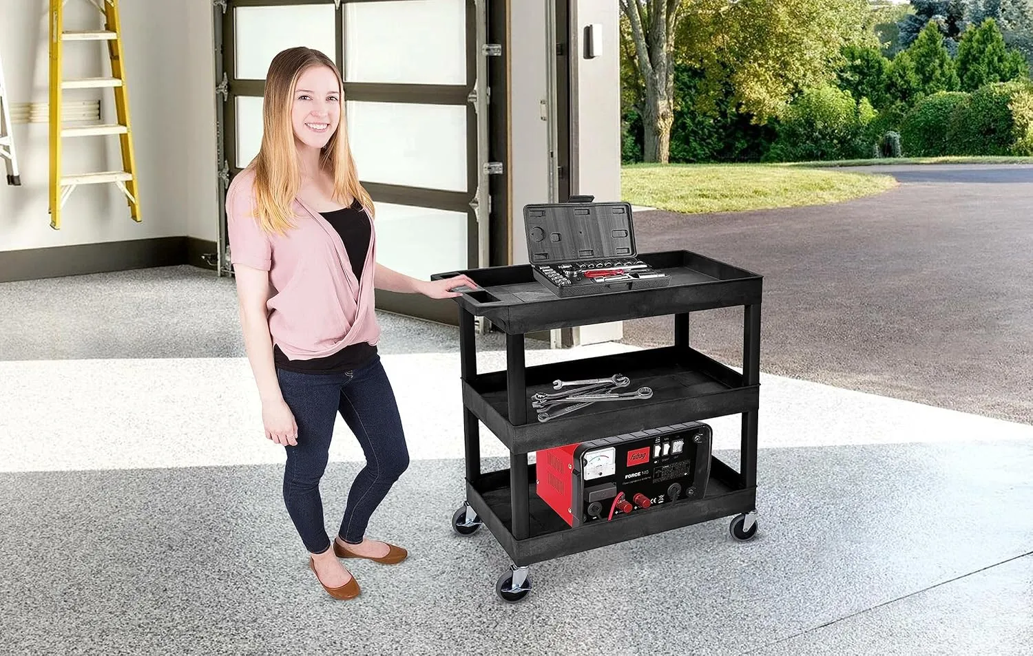 Offex 32 x 18 inches Mobile Multipurpose Utility Tub Cart with 3 Shelves and Ergonomic Handle, Black, Great for Warehouse, Garage and More