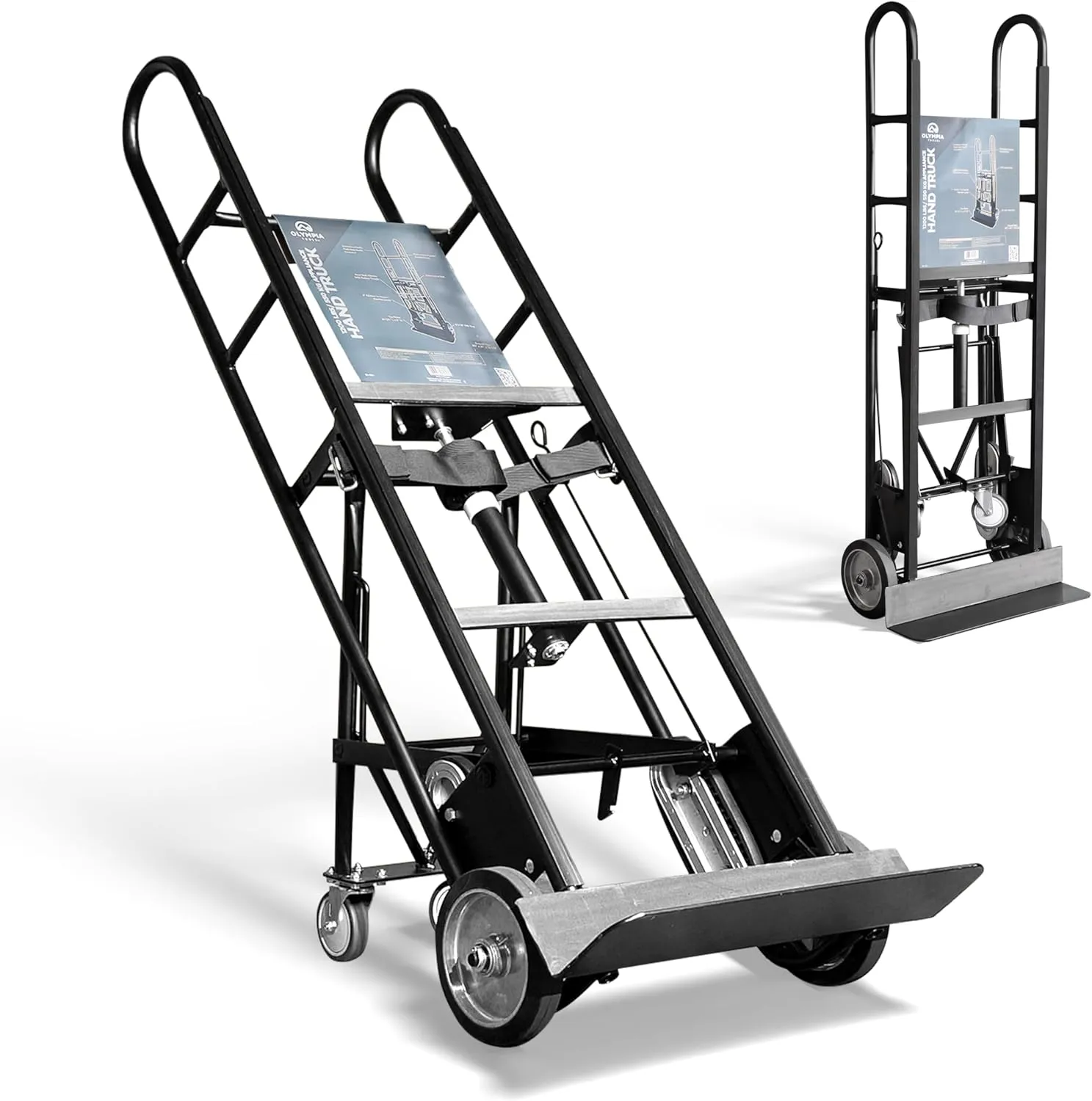 Olympia Tools 1200lbs Appliance Auto-Recoil System Hand Truck - Heavy Duty Hand Cart - Industrial Stair Climbing Furniture Dolly - Dual Aluminum Hand Truck & Rubber Treads Wheels for Stairs Climber