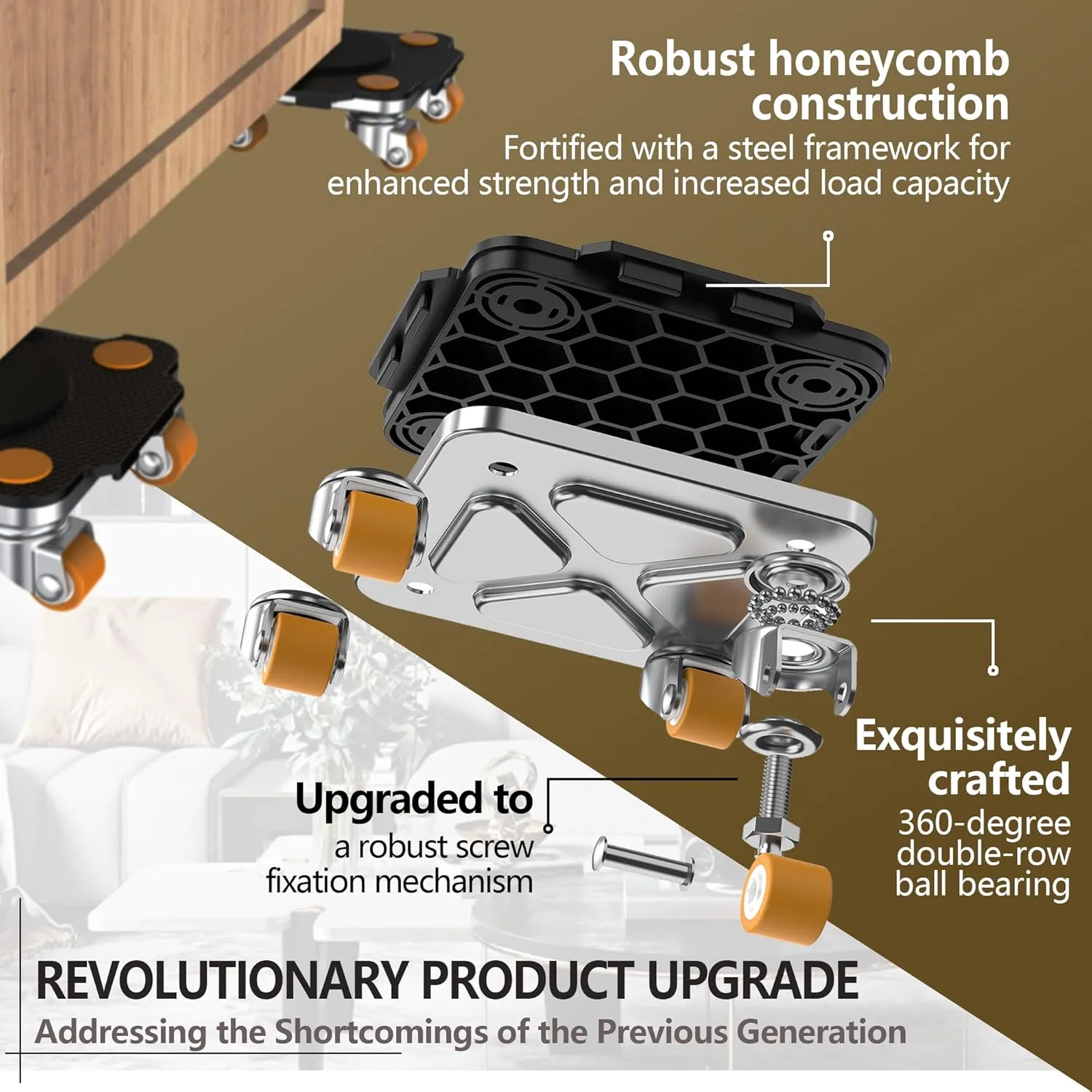 ONEON Furniture Mover Pro Set - Enhanced Dolly and Lifter with Custom TPE Wheels for Easy Furniture Lifting and Moving - Professional Tool for Effortless Furniture Transport (Black 4Dollies   1Lifter)