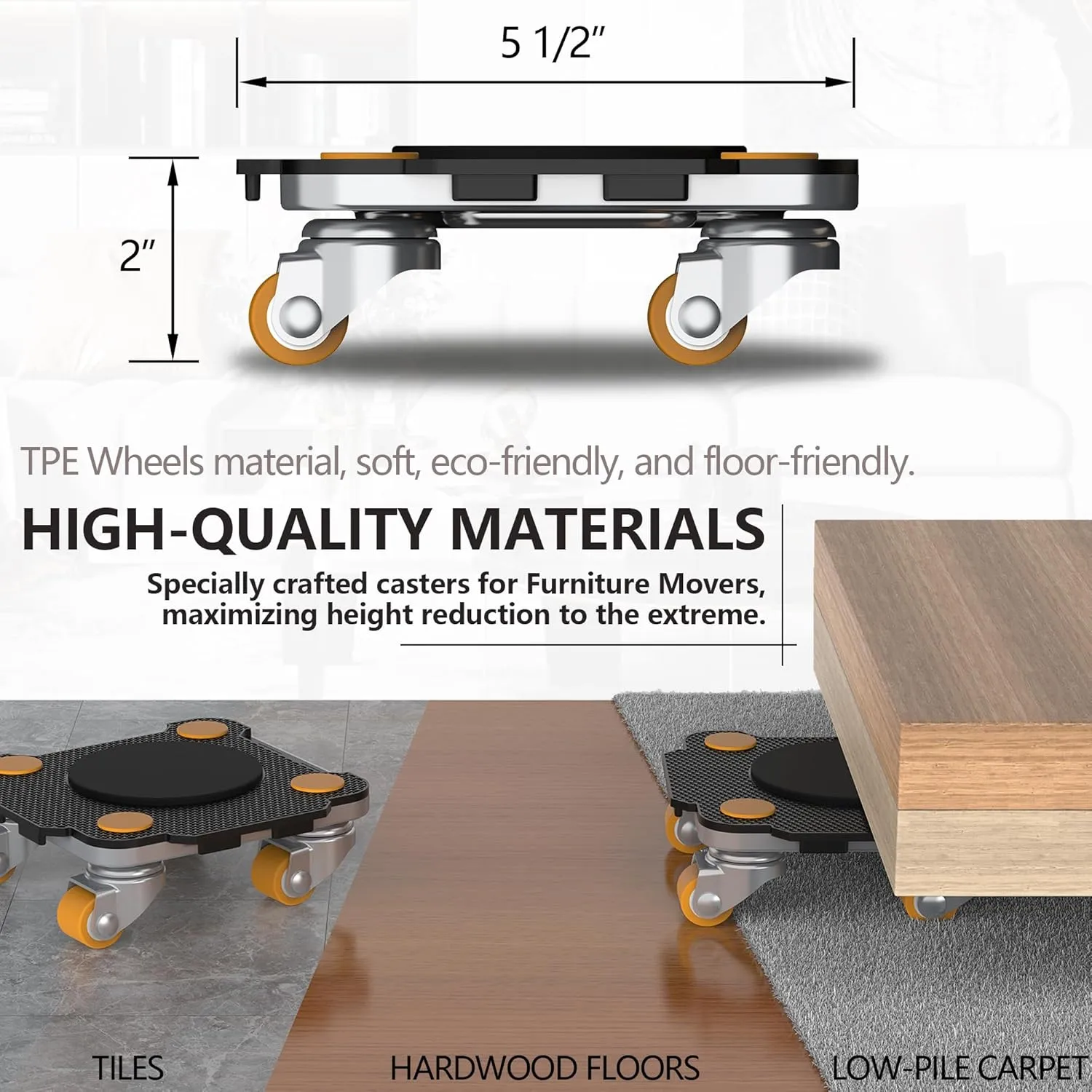 ONEON Furniture Mover Pro Set - Enhanced Dolly and Lifter with Custom TPE Wheels for Easy Furniture Lifting and Moving - Professional Tool for Effortless Furniture Transport (Black 4Dollies   1Lifter)