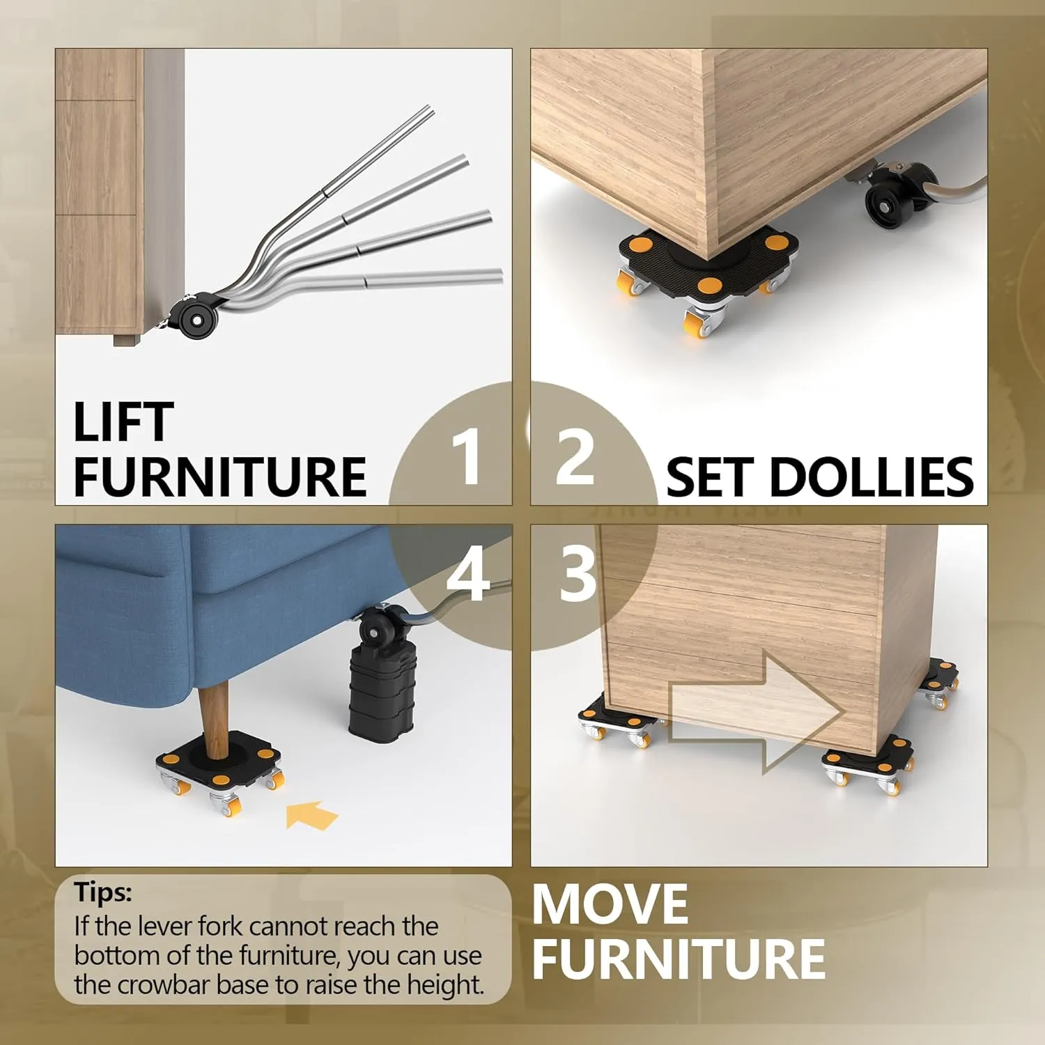 ONEON Furniture Mover Pro Set - Enhanced Dolly and Lifter with Custom TPE Wheels for Easy Furniture Lifting and Moving - Professional Tool for Effortless Furniture Transport (Black 4Dollies   1Lifter)