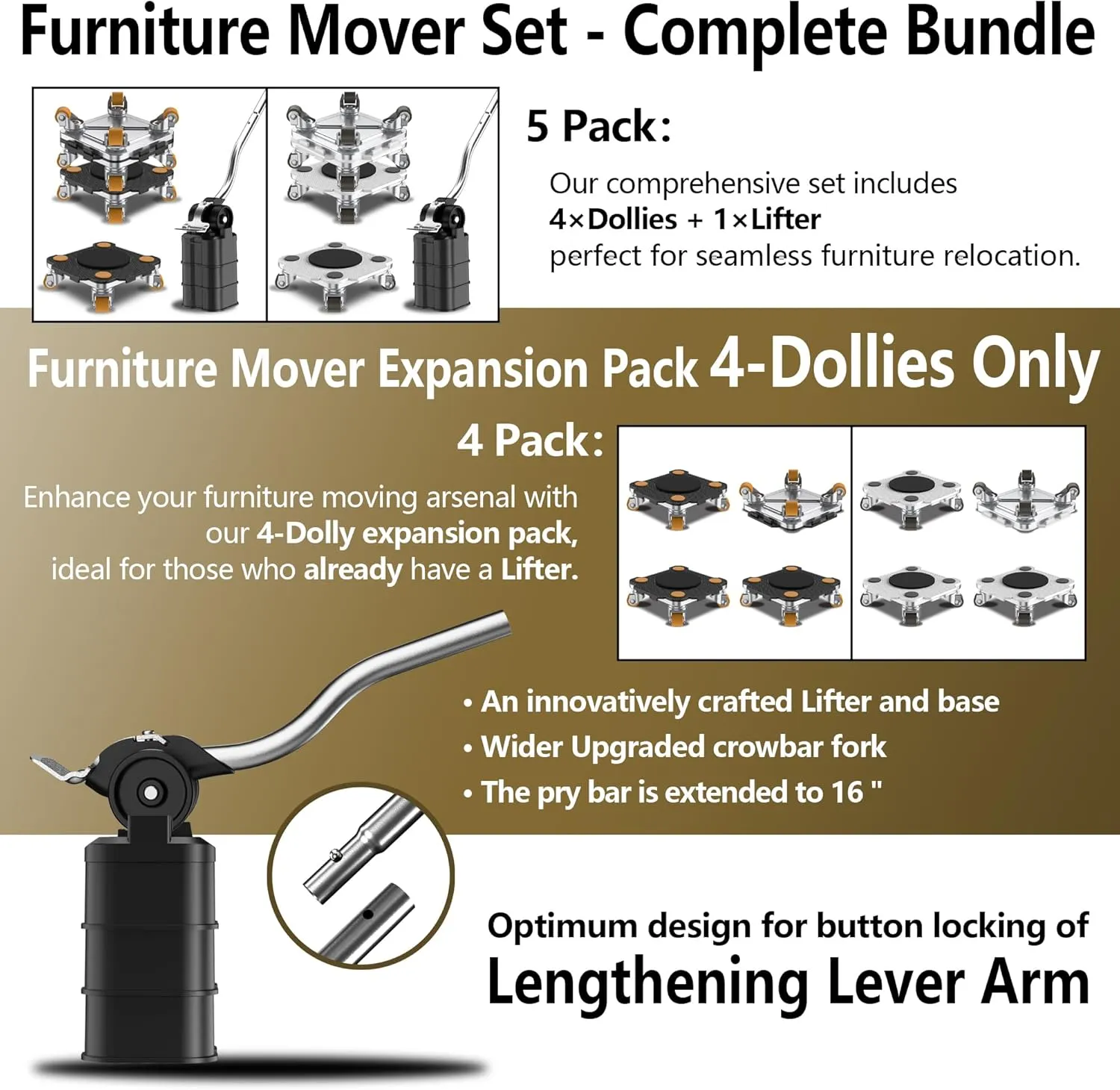 ONEON Furniture Mover Pro Set - Enhanced Dolly and Lifter with Custom TPE Wheels for Easy Furniture Lifting and Moving - Professional Tool for Effortless Furniture Transport (Black 4Dollies   1Lifter)