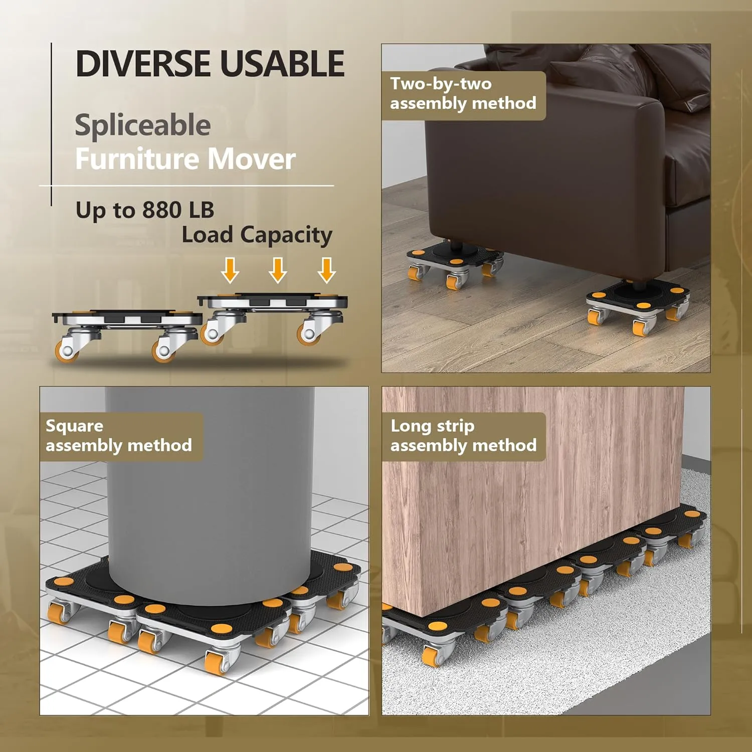 ONEON Furniture Mover Pro Set - Enhanced Dolly and Lifter with Custom TPE Wheels for Easy Furniture Lifting and Moving - Professional Tool for Effortless Furniture Transport (Black 4Dollies   1Lifter)