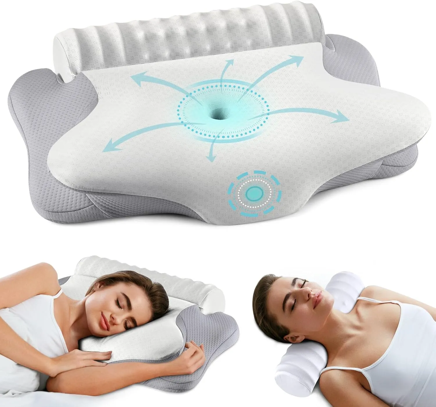 onesmile Cervical and Roll Neck Pillow-2 in 1 Removable Ergonomic for Pain Relief, Support for Sleeping, Memory Foam for Side, Back & Stomach Sleepers (Grey)