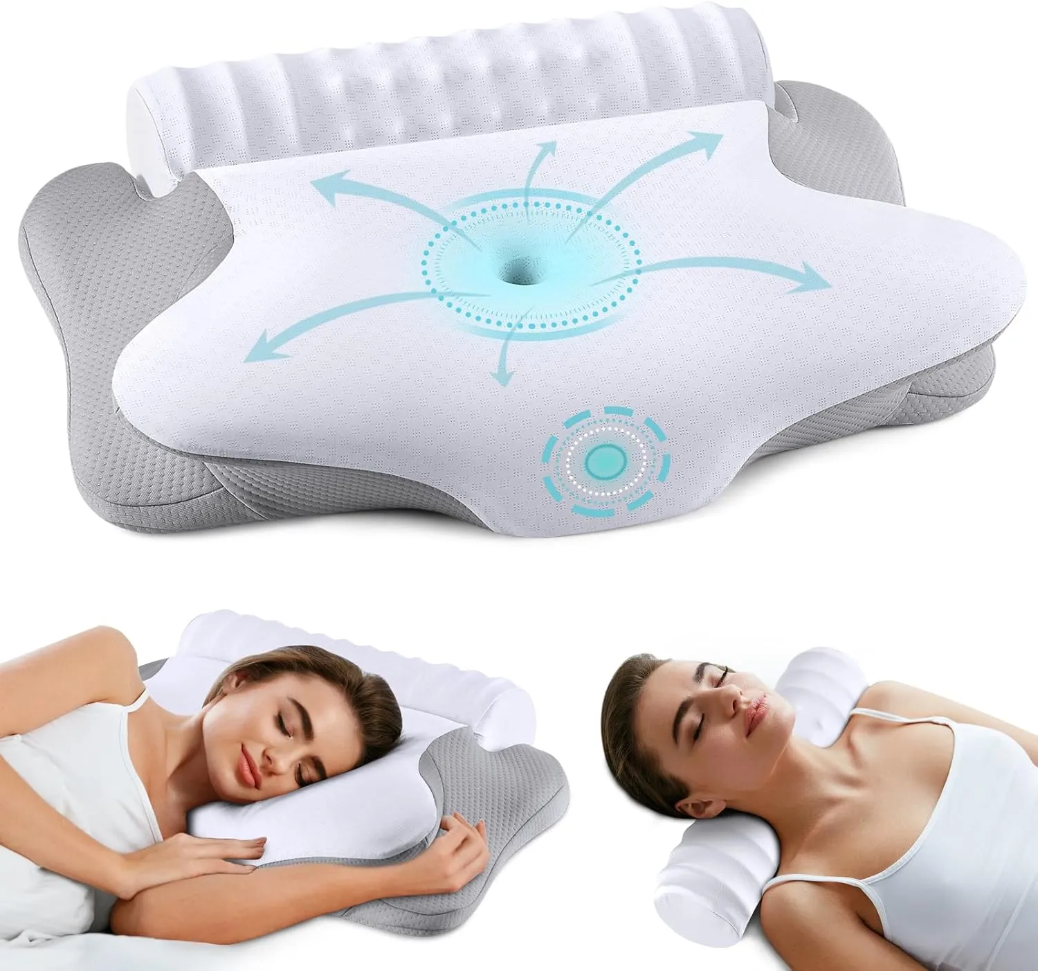 onesmile Cervical and Roll Neck Pillow-2 in 1 Removable Ergonomic for Pain Relief, Support for Sleeping, Memory Foam for Side, Back & Stomach Sleepers (White)