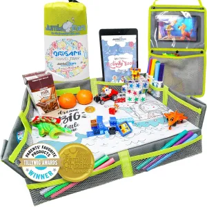 Origami Kids Travel Tray Placemat Cover -Gray- Foldable and Easy to Setup with Bonus Portable Multipurpose Side Pockets Organizer for Tablets and Phones Activities or Snacks for Toddler