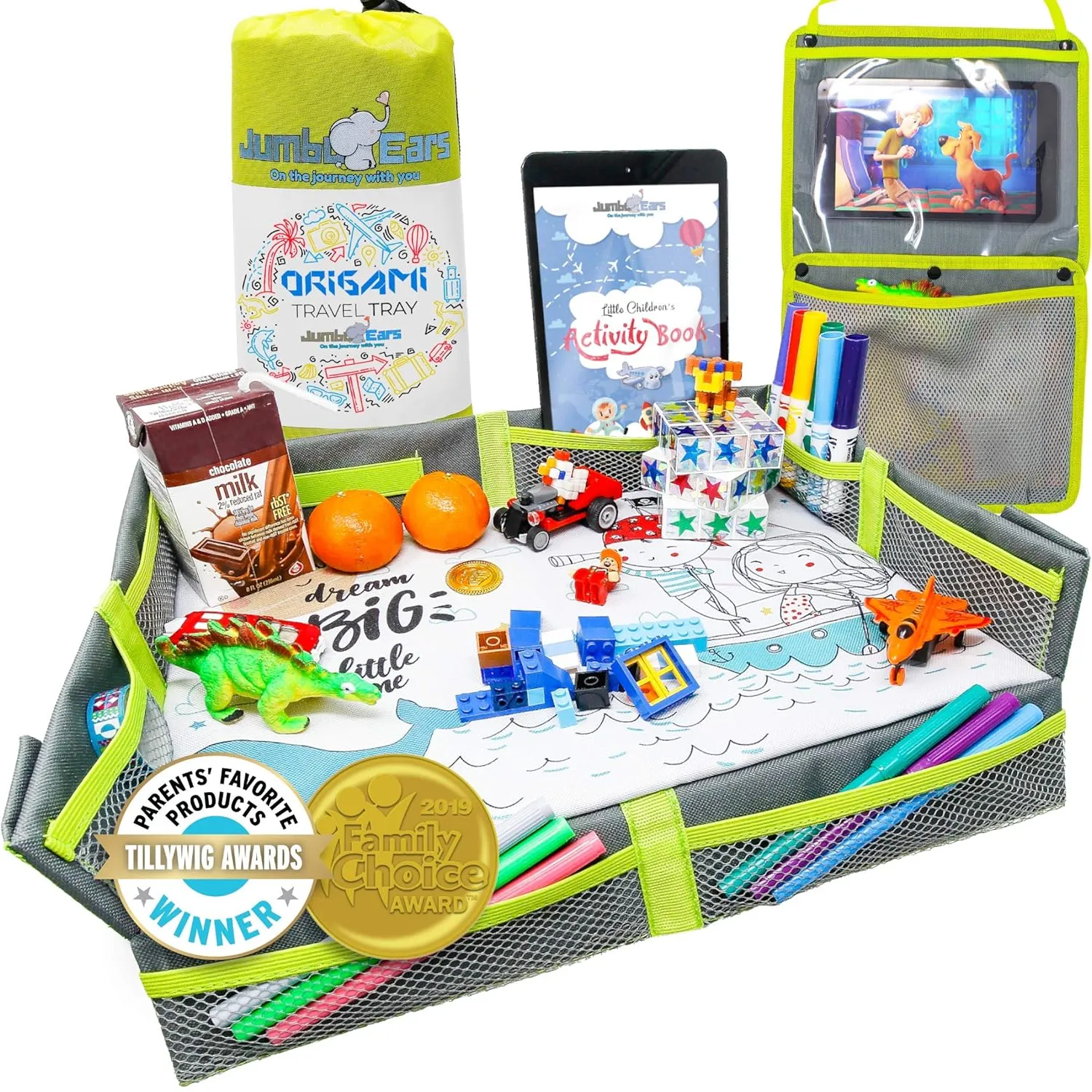 Origami Kids Travel Tray Placemat Cover -Gray- Foldable and Easy to Setup with Bonus Portable Multipurpose Side Pockets Organizer for Tablets and Phones Activities or Snacks for Toddler