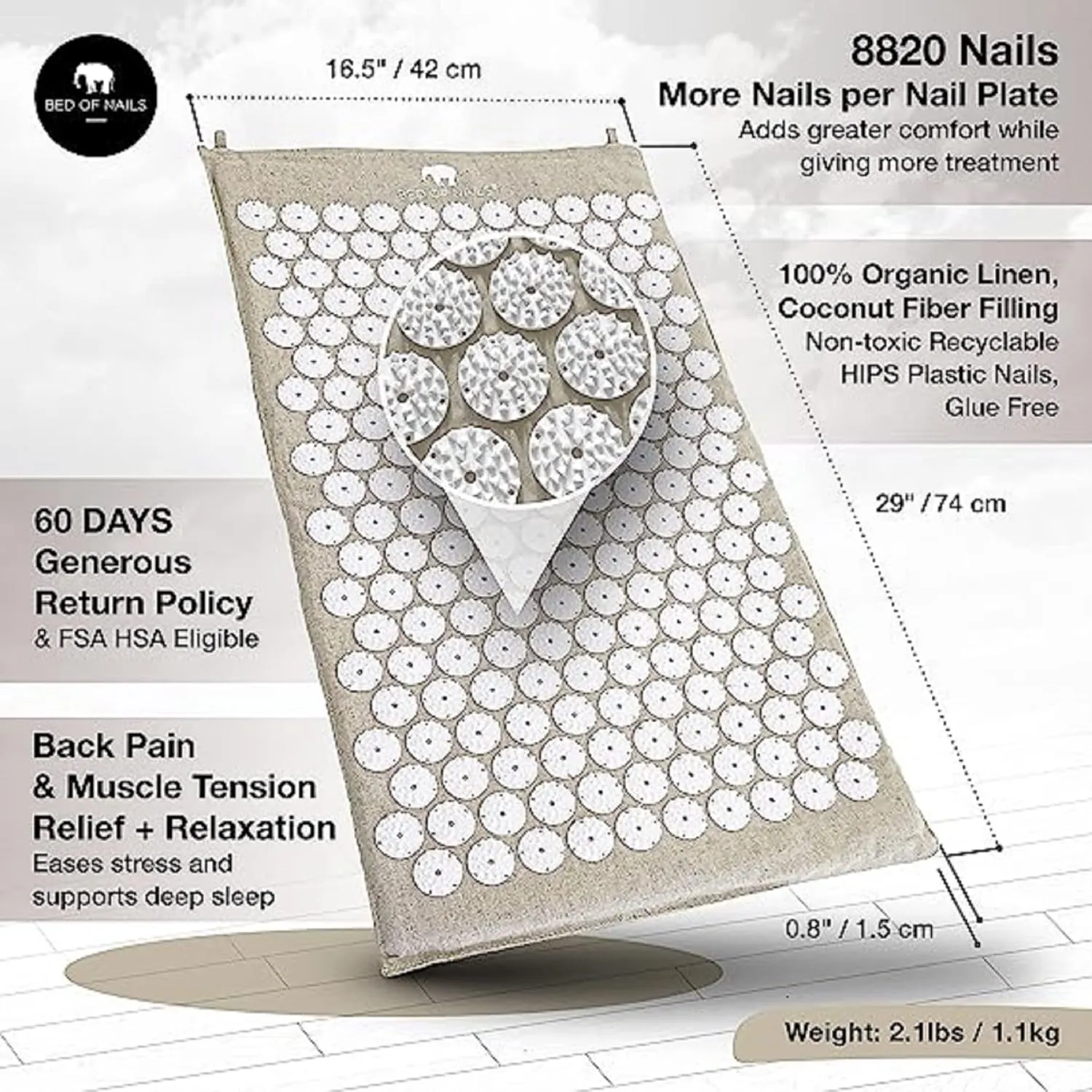 Original Premium ECO Gift Set, Acupressure Mat and Pillow with 10,962 Pressure Points, Relieves Neck/Back Pain, Relaxes, Increases Energy, Includes Bag, FSA/HSA