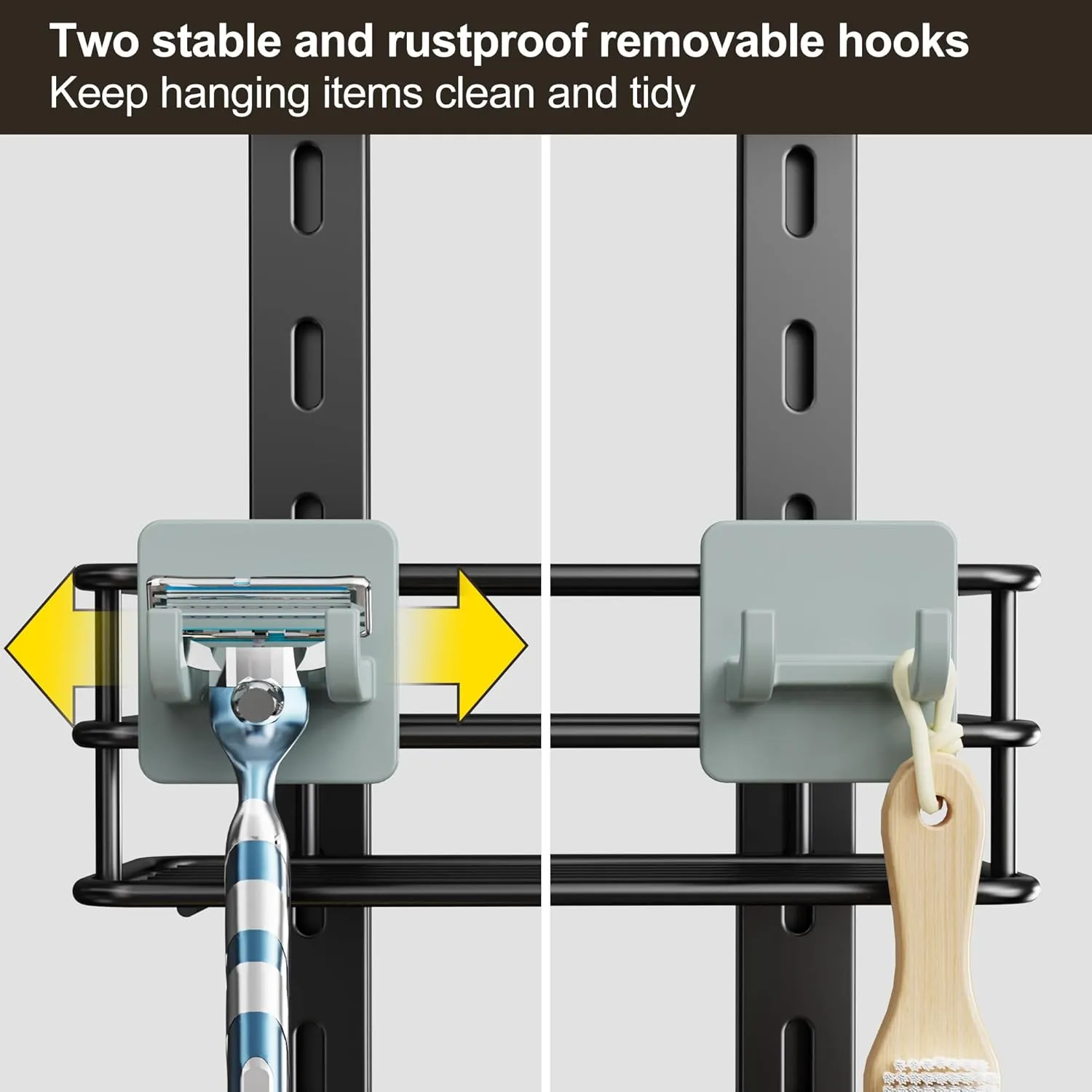 Orimade Adjustable Anti-Slip Shower Caddy Over Head, Rustproof Bathroom Hanging Organizer With 2 Hooks for Razor, No Drilling Shelves Storage Rack 3 Tier, Black