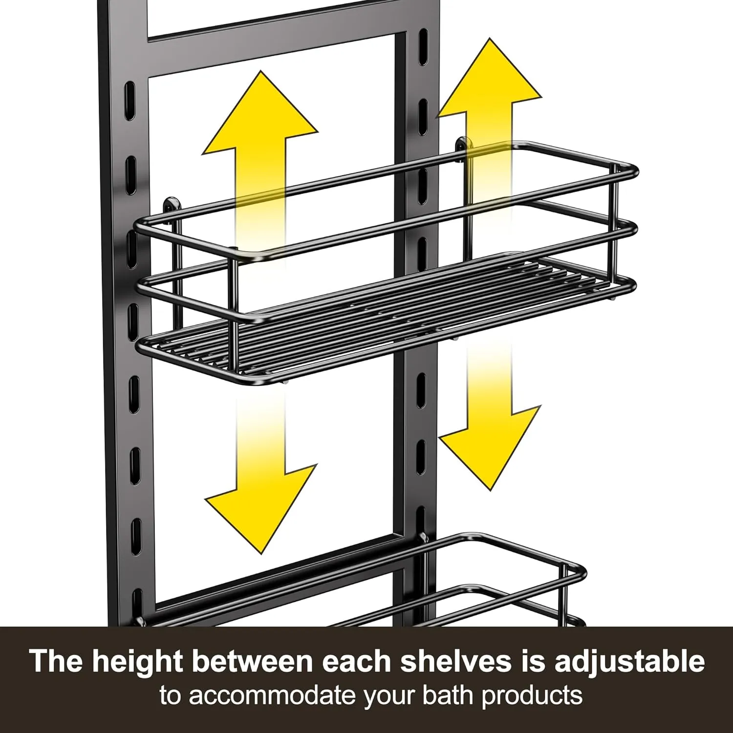 Orimade Adjustable Anti-Slip Shower Caddy Over Head, Rustproof Bathroom Hanging Organizer With 2 Hooks for Razor, No Drilling Shelves Storage Rack 3 Tier, Black