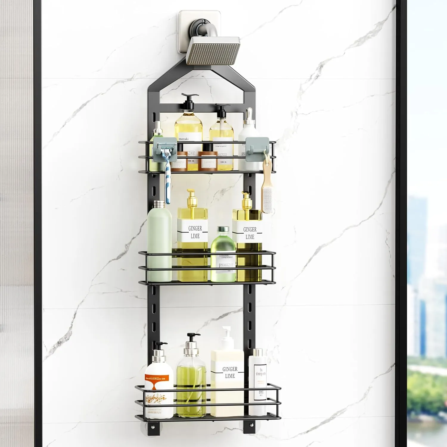 Orimade Adjustable Anti-Slip Shower Caddy Over Head, Rustproof Bathroom Hanging Organizer With 2 Hooks for Razor, No Drilling Shelves Storage Rack 3 Tier, Black