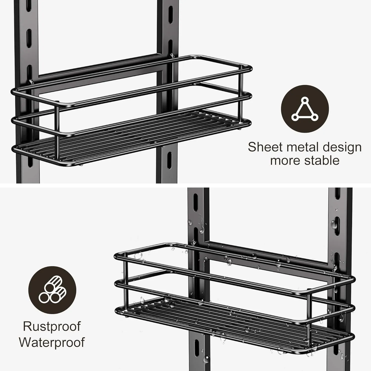 Orimade Adjustable Anti-Slip Shower Caddy Over Head, Rustproof Bathroom Hanging Organizer With 2 Hooks for Razor, No Drilling Shelves Storage Rack 3 Tier, Black