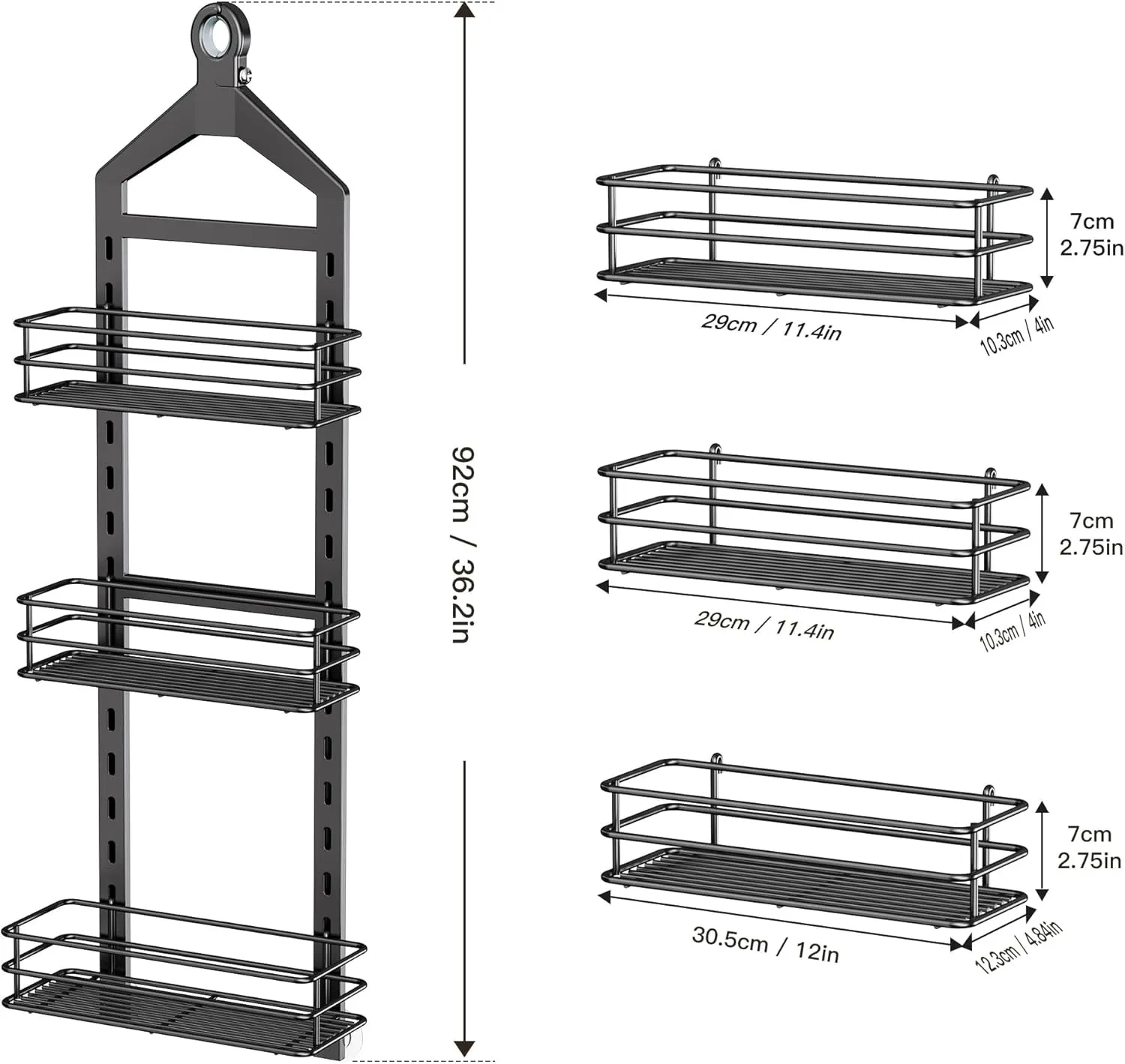 Orimade Adjustable Anti-Slip Shower Caddy Over Head, Rustproof Bathroom Hanging Organizer With 2 Hooks for Razor, No Drilling Shelves Storage Rack 3 Tier, Black