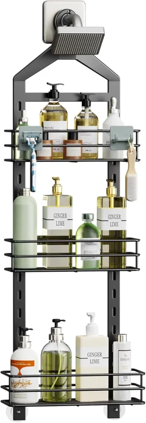 Orimade Adjustable Anti-Slip Shower Caddy Over Head, Rustproof Bathroom Hanging Organizer With 2 Hooks for Razor, No Drilling Shelves Storage Rack 3 Tier, Black