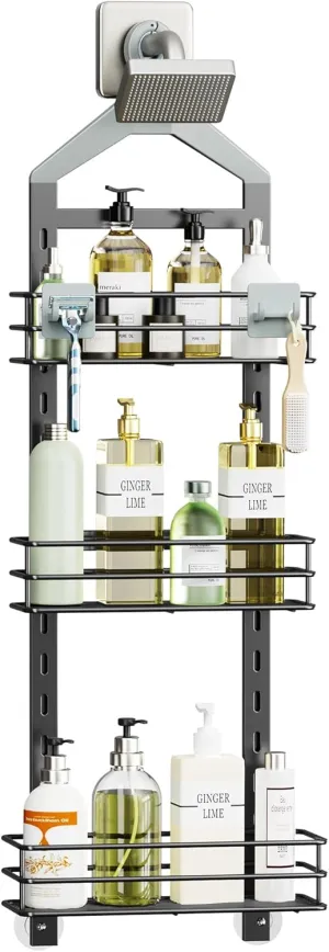 Orimade Adjustable Anti-Slip Shower Caddy Over Head, Rustproof Bathroom Hanging Organizer With 2 Hooks for Razor, No Drilling Shelves Storage Rack 3 Tier, Grey