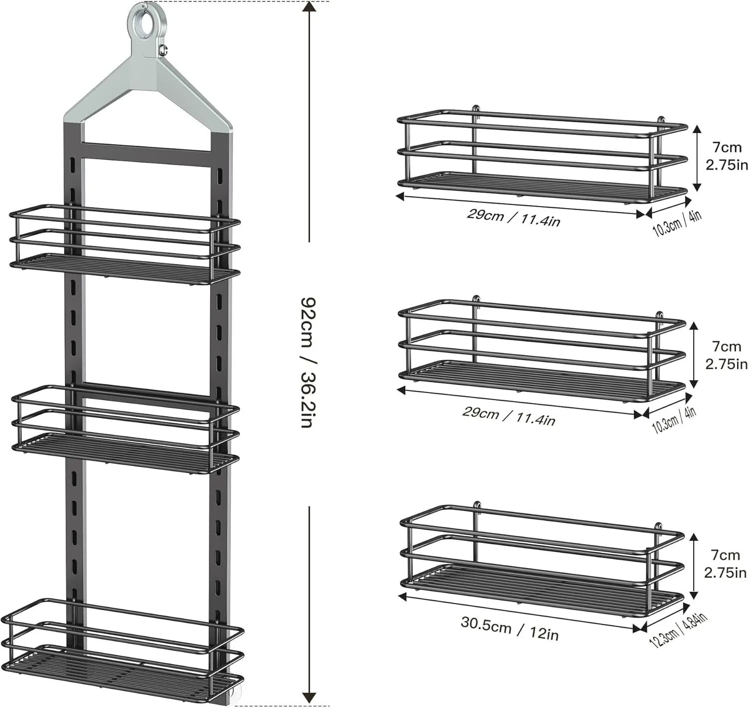 Orimade Adjustable Anti-Slip Shower Caddy Over Head, Rustproof Bathroom Hanging Organizer With 2 Hooks for Razor, No Drilling Shelves Storage Rack 3 Tier, Grey