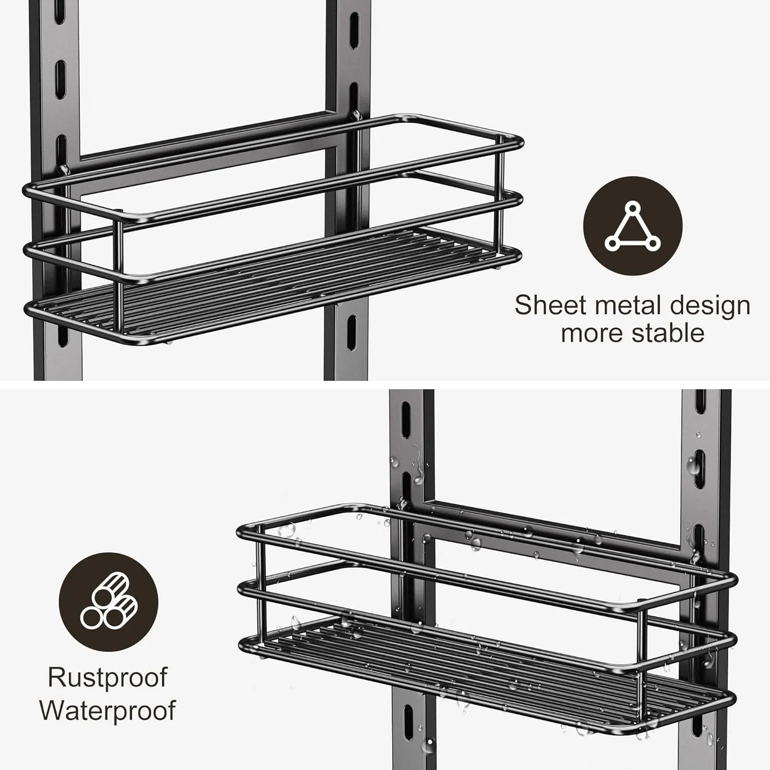 Orimade Adjustable Anti-Slip Shower Caddy Over Head, Rustproof Bathroom Hanging Organizer With 2 Hooks for Razor, No Drilling Shelves Storage Rack 3 Tier, Grey