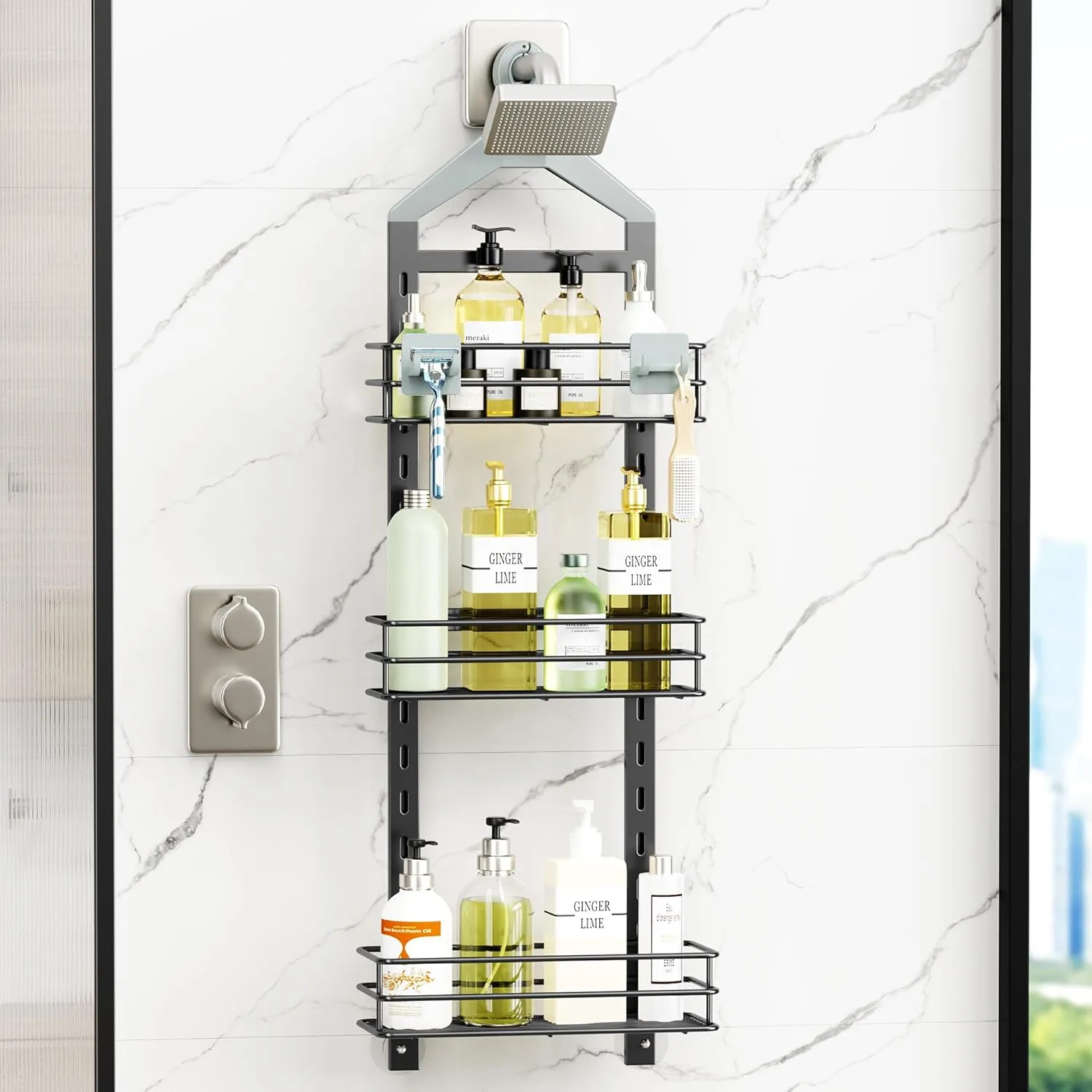 Orimade Adjustable Anti-Slip Shower Caddy Over Head, Rustproof Bathroom Hanging Organizer With 2 Hooks for Razor, No Drilling Shelves Storage Rack 3 Tier, Grey