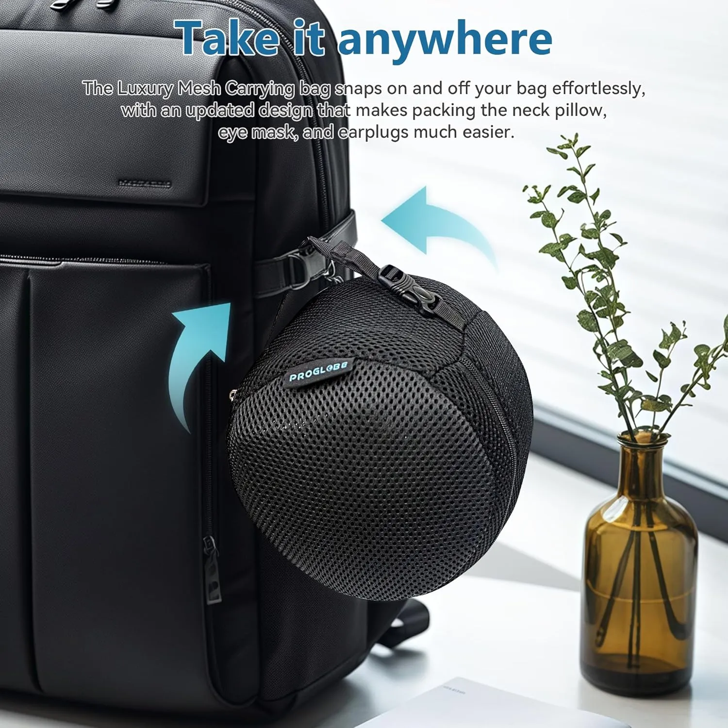 Orthopedic Neck Pillow, Travel Neck Pillows for Airplanes, Memory Foam Kit, 360° Head Support, Airplane Pillow Set with 3D Contoured Eye Masks, Earplugs, and Luxury Mesh Bag (Black)