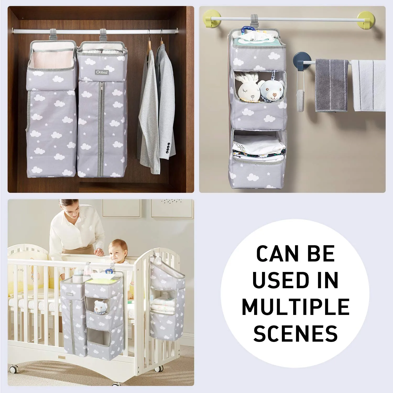 Orzbow 3-in-1 Hanging Diaper Caddy Organizer for Changing Table, Nursery Organization and Diaper Stacker for Crib Wall, Removable Diaper Organizer for Baby Boy Essentials, Gray