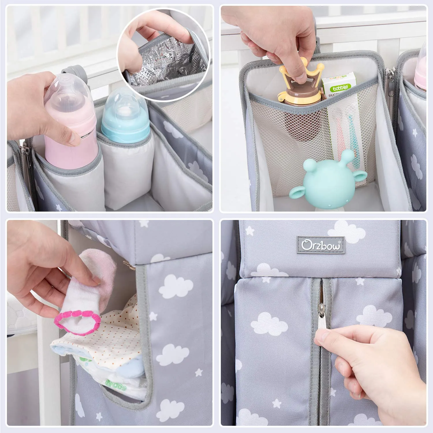 Orzbow 3-in-1 Hanging Diaper Caddy Organizer for Changing Table, Nursery Organization and Diaper Stacker for Crib Wall, Removable Diaper Organizer for Baby Boy Essentials, Gray