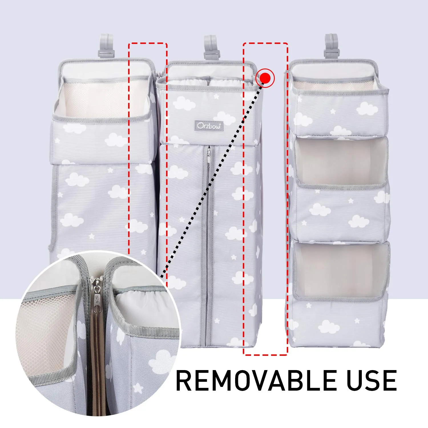 Orzbow 3-in-1 Hanging Diaper Caddy Organizer for Changing Table, Nursery Organization and Diaper Stacker for Crib Wall, Removable Diaper Organizer for Baby Boy Essentials, Gray