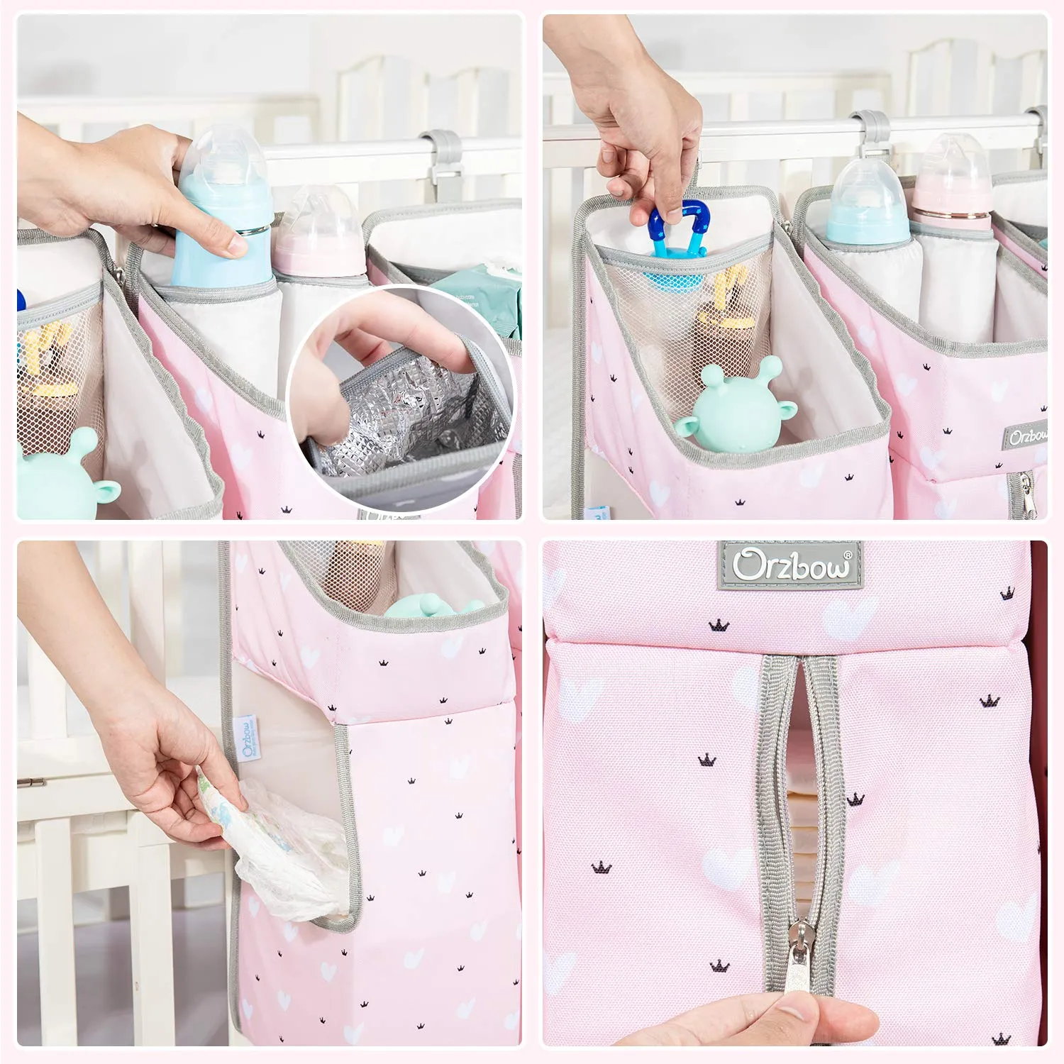 Orzbow 3-in-1 Hanging Diaper Caddy Organizer for Changing Table, Nursery Organization and Diaper Stacker for Crib Wall, Removable Diaper Organizer for Baby Girl Essentials, Pink