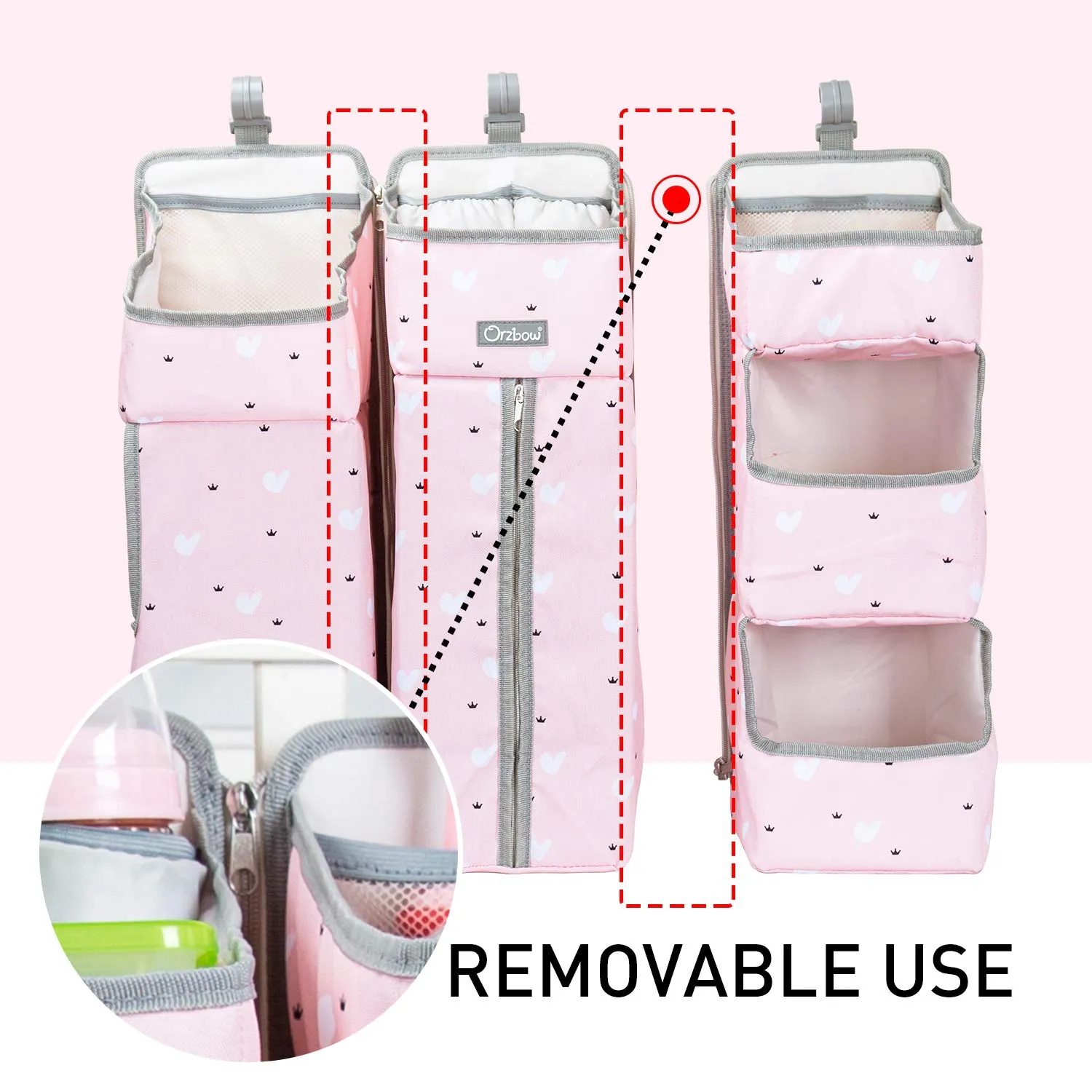 Orzbow 3-in-1 Hanging Diaper Caddy Organizer for Changing Table, Nursery Organization and Diaper Stacker for Crib Wall, Removable Diaper Organizer for Baby Girl Essentials, Pink