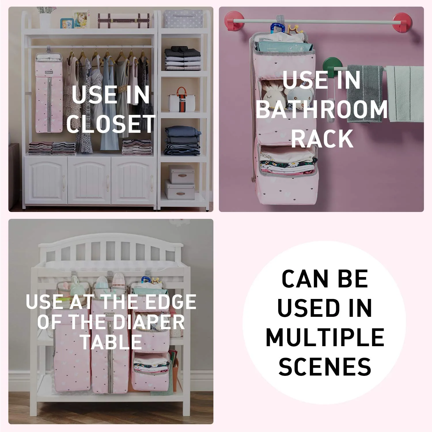 Orzbow 3-in-1 Hanging Diaper Caddy Organizer for Changing Table, Nursery Organization and Diaper Stacker for Crib Wall, Removable Diaper Organizer for Baby Girl Essentials, Pink