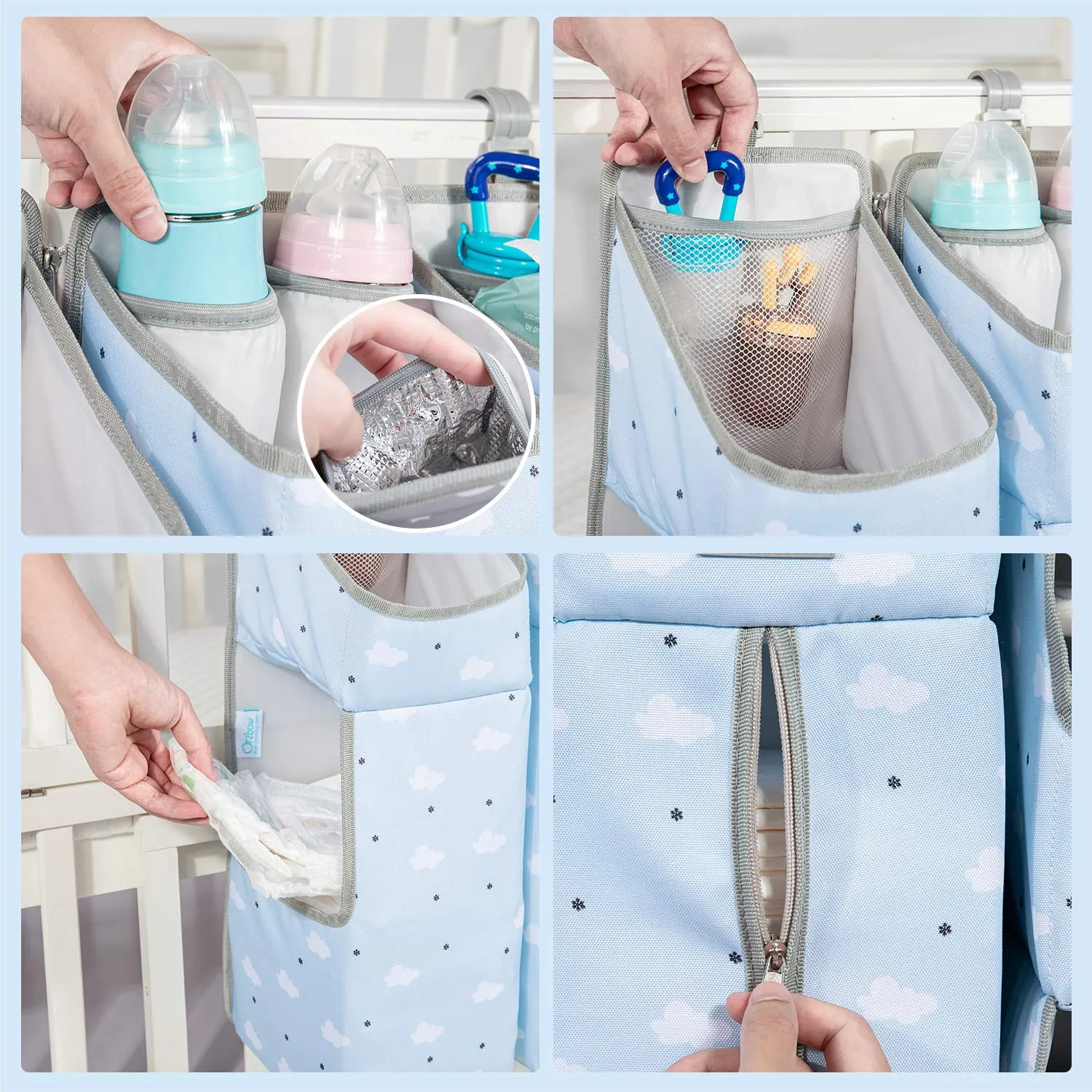 Orzbow 3-in-1 Hanging Diaper Organization Storage for Baby Essentials | Nursery Organizer and Baby Diaper Caddy | Hang on Crib, Changing Table or Wall, Blue