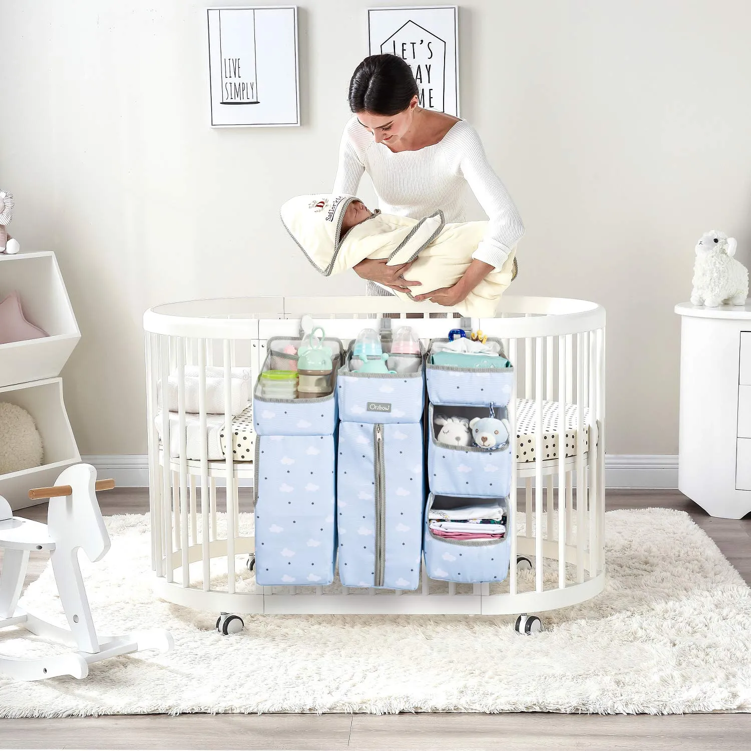 Orzbow 3-in-1 Hanging Diaper Organization Storage for Baby Essentials | Nursery Organizer and Baby Diaper Caddy | Hang on Crib, Changing Table or Wall, Blue