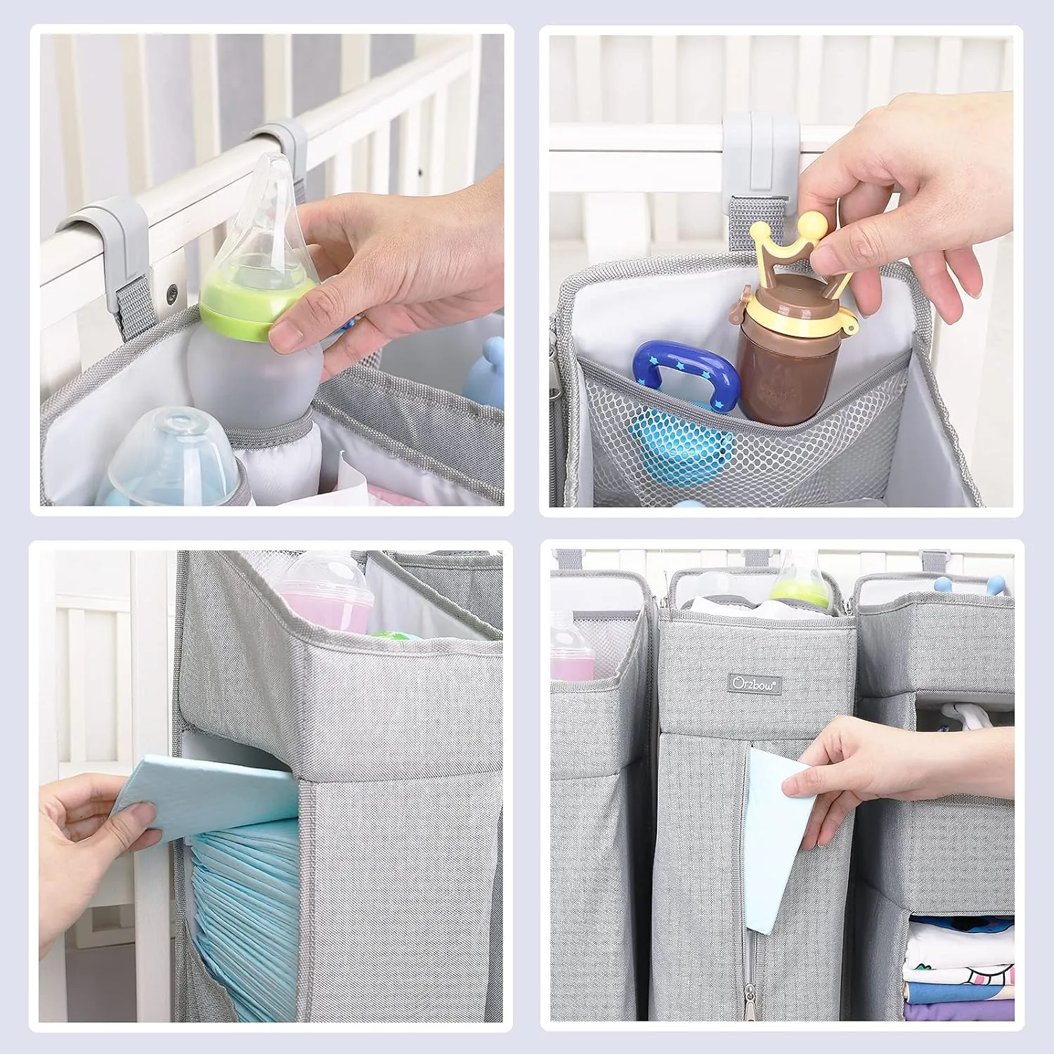 Orzbow 3-in-1 Hanging Diaper Organization Storage for Baby Essentials | Nursery Organizer and Baby Diaper Caddy | Hang on Crib, Changing Table or Wall, Light Gray