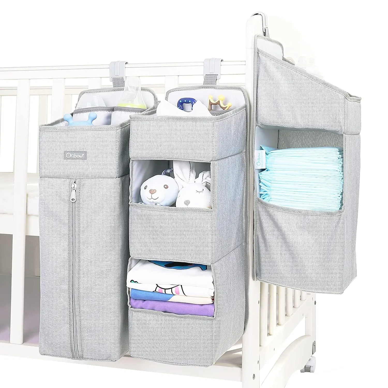 Orzbow 3-in-1 Hanging Diaper Organization Storage for Baby Essentials | Nursery Organizer and Baby Diaper Caddy | Hang on Crib, Changing Table or Wall, Light Gray