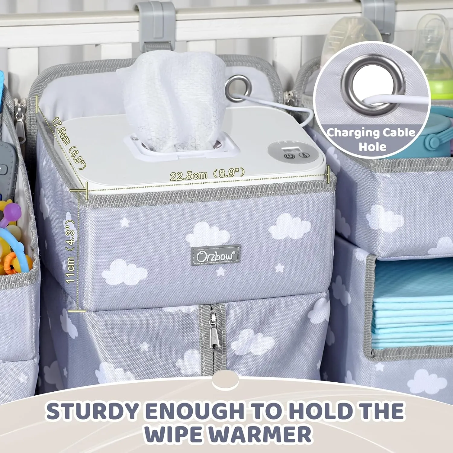 Orzbow XL Hanging Diaper Caddy Organizer for Baby Essentials, Removable 3 in 1 Diaper Stacker, Changing Table Organizer for Crib, Playard, Wall, Multi-Compartments, Two Hang Ways, Grey Cloud