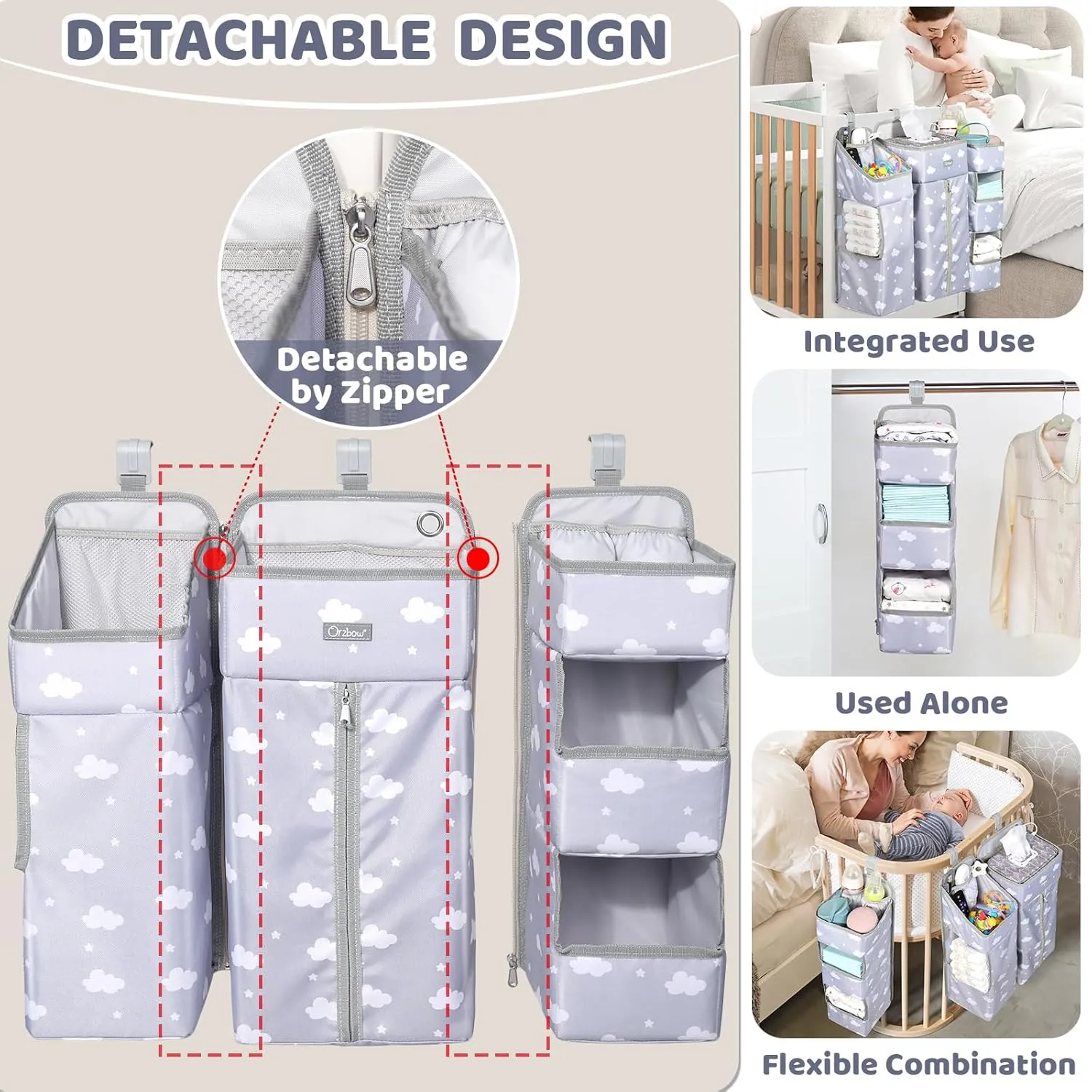 Orzbow XL Hanging Diaper Caddy Organizer for Baby Essentials, Removable 3 in 1 Diaper Stacker, Changing Table Organizer for Crib, Playard, Wall, Multi-Compartments, Two Hang Ways, Grey Cloud