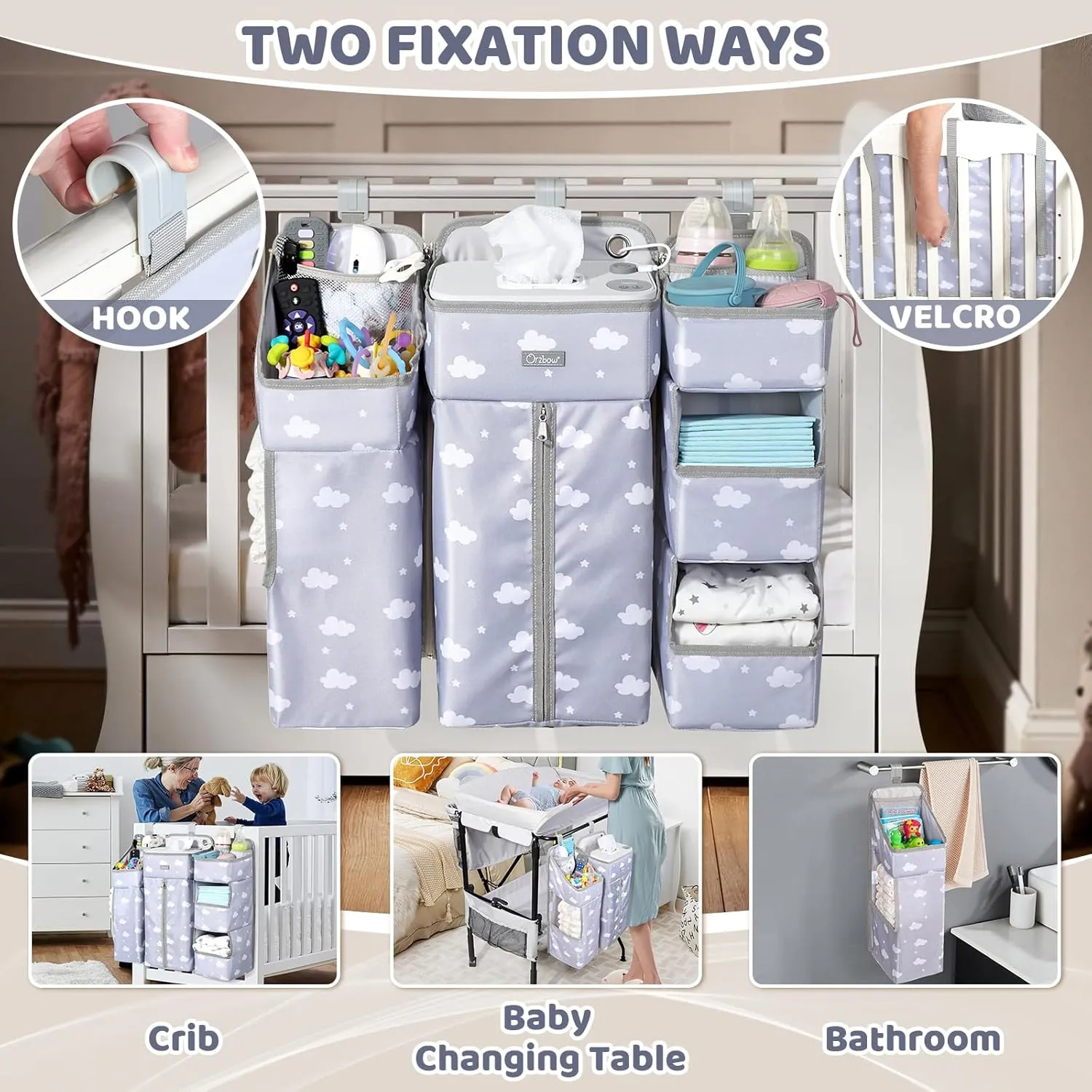 Orzbow XL Hanging Diaper Caddy Organizer for Baby Essentials, Removable 3 in 1 Diaper Stacker, Changing Table Organizer for Crib, Playard, Wall, Multi-Compartments, Two Hang Ways, Grey Cloud
