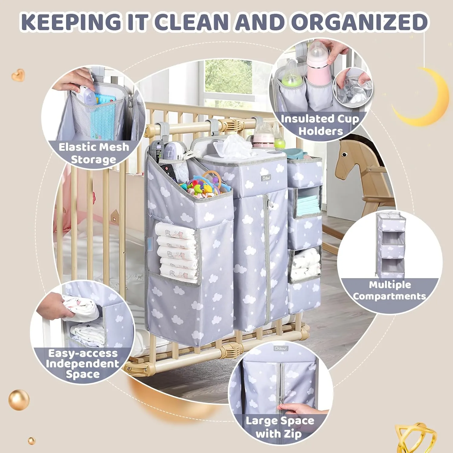 Orzbow XL Hanging Diaper Caddy Organizer for Baby Essentials, Removable 3 in 1 Diaper Stacker, Changing Table Organizer for Crib, Playard, Wall, Multi-Compartments, Two Hang Ways, Grey Cloud