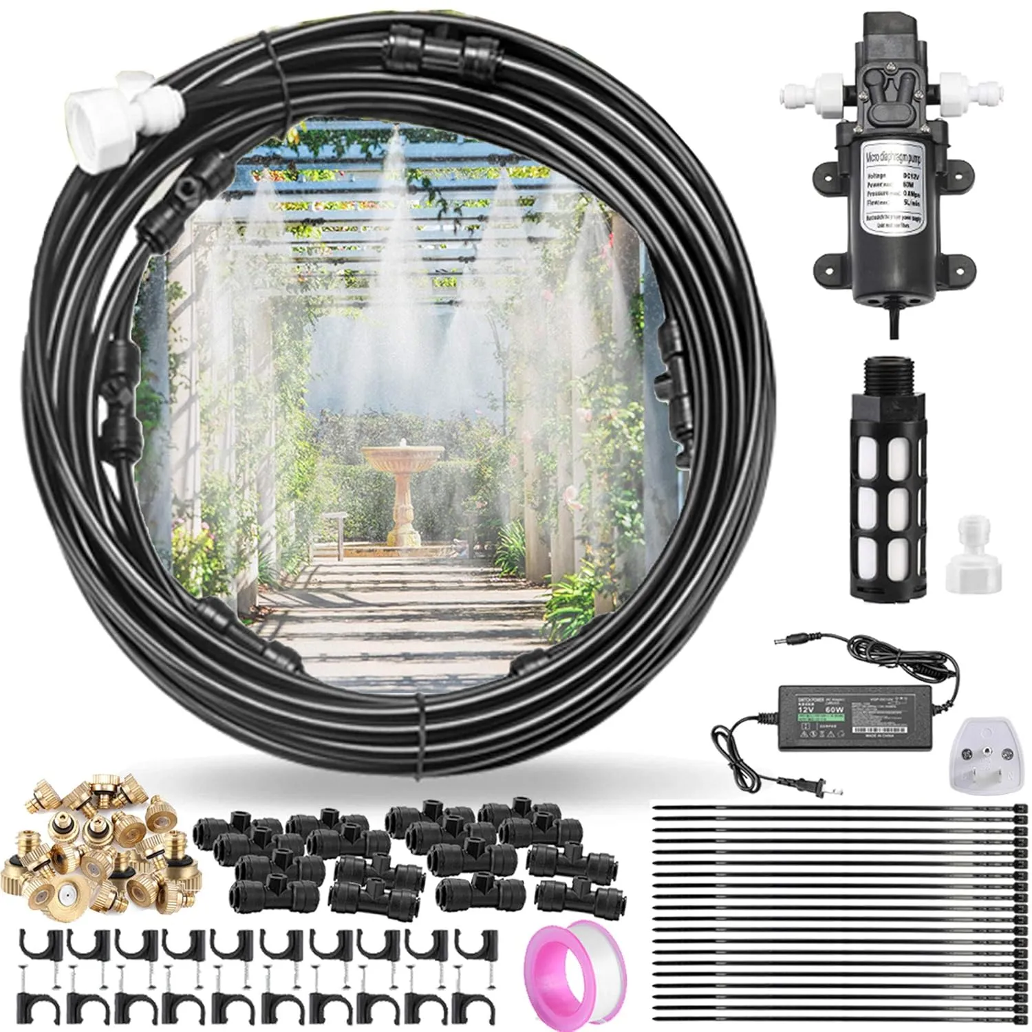 Outdoor Misting Cooling System with Pump - 40ft (12m) Misting Line with Filter   6 Brass Mist Nozzles (3/4") for Patio Garden Greenhouse Watering Distribution System (12m (40ft))